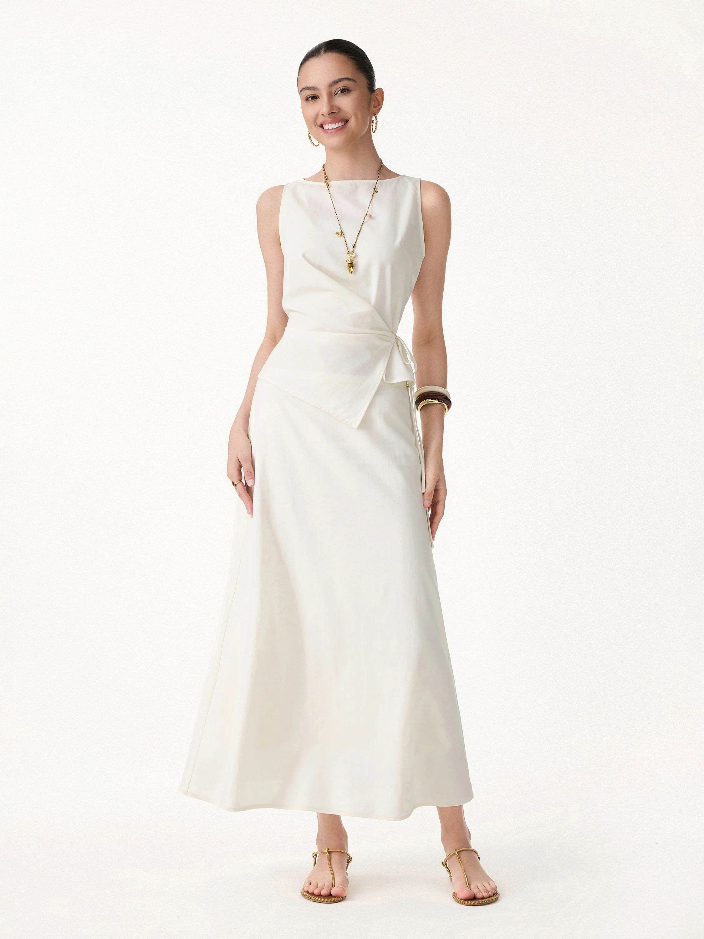 2Pcs Set Boatneck Waist-Defined Top & Maxi Flared Pull-On Skirt - Image 3