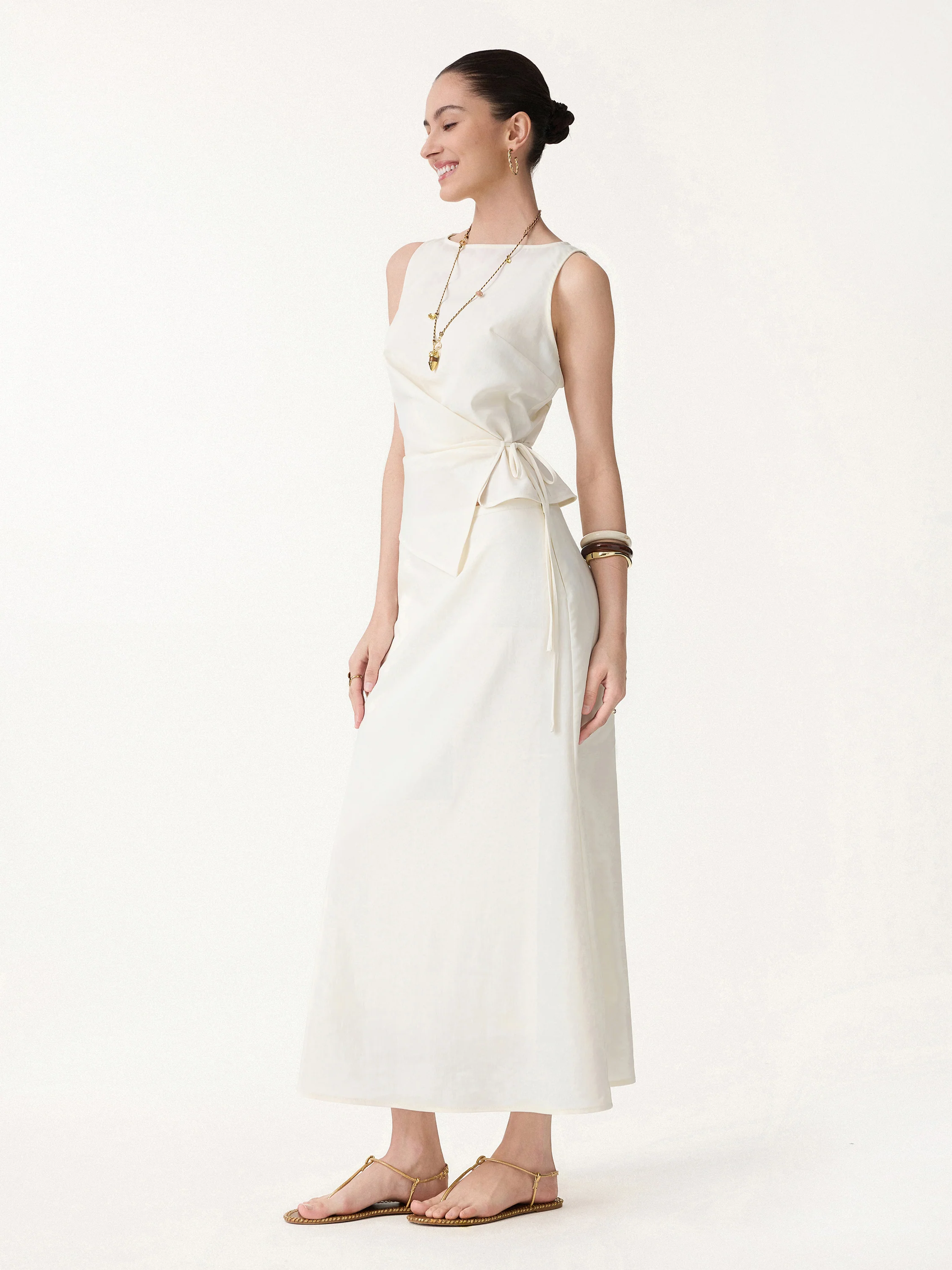 2Pcs Set Boatneck Waist-Defined Top & Maxi Flared Pull-On Skirt - Image 4