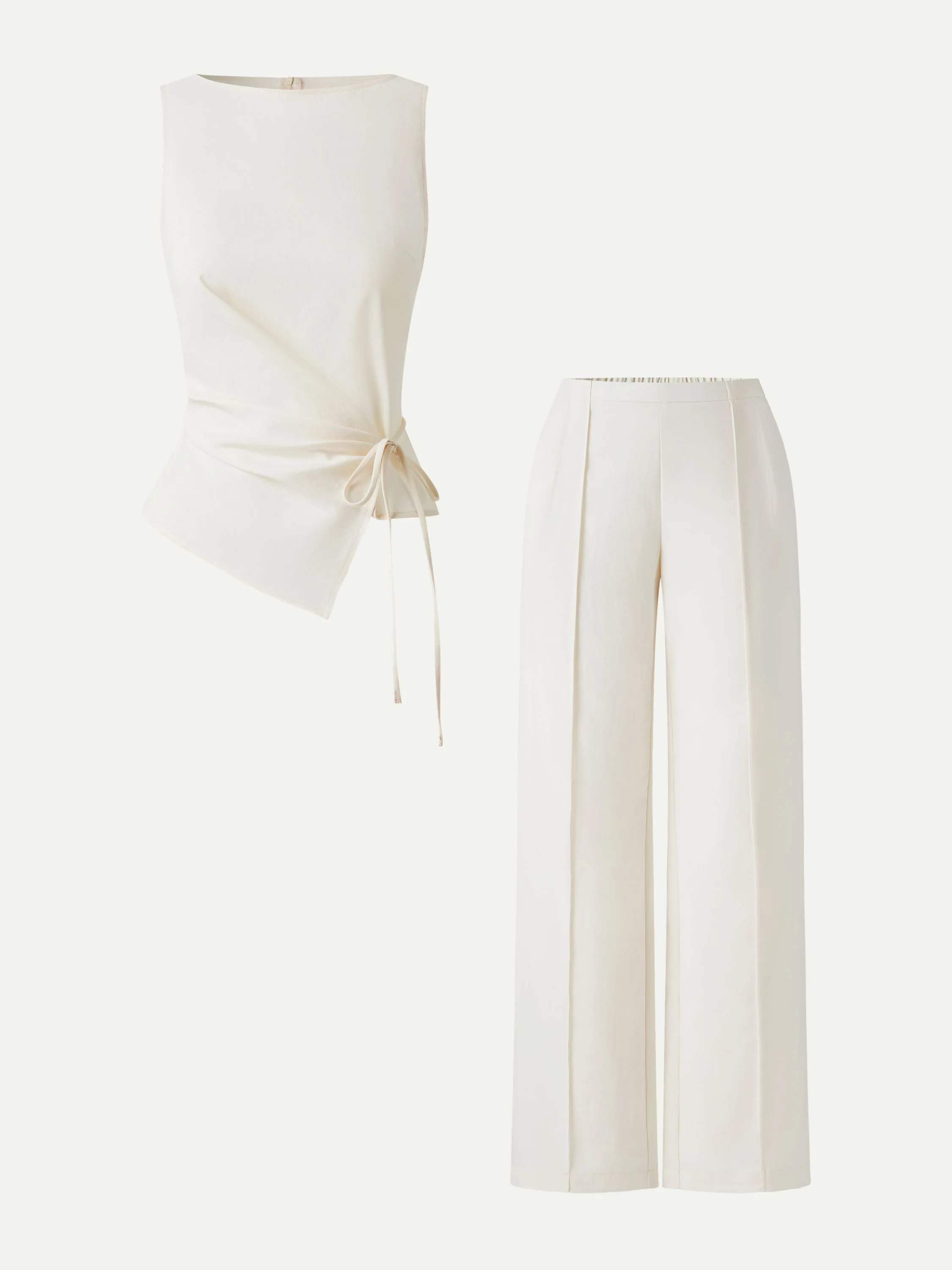 2Pcs Set Boatneck Waist-Defined Top & Pintuck Wide Leg Pant - Image 2