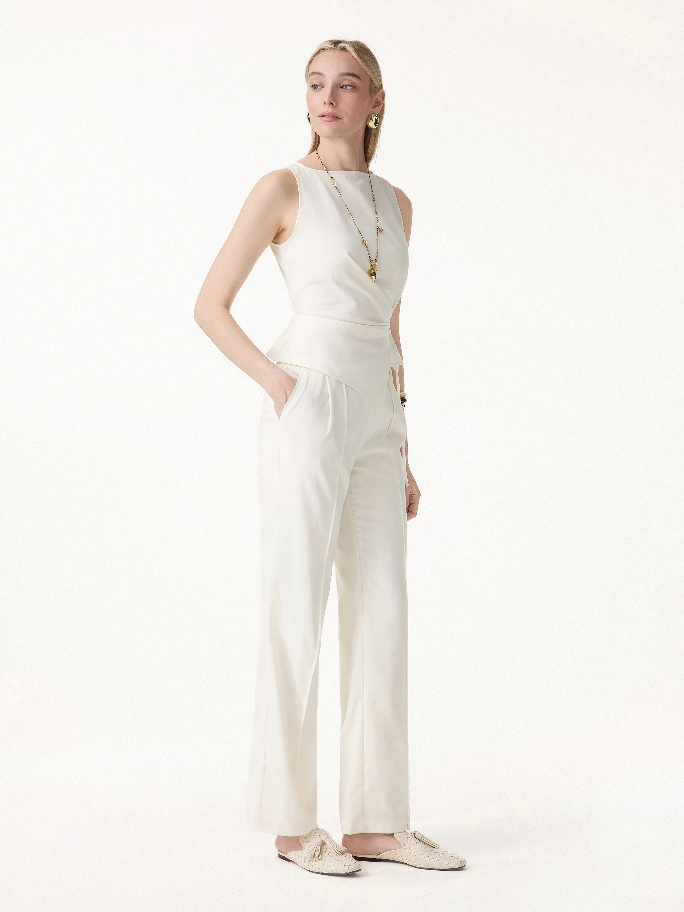 2Pcs Set Boatneck Waist-Defined Top & Pintuck Wide Leg Pant - Image 4
