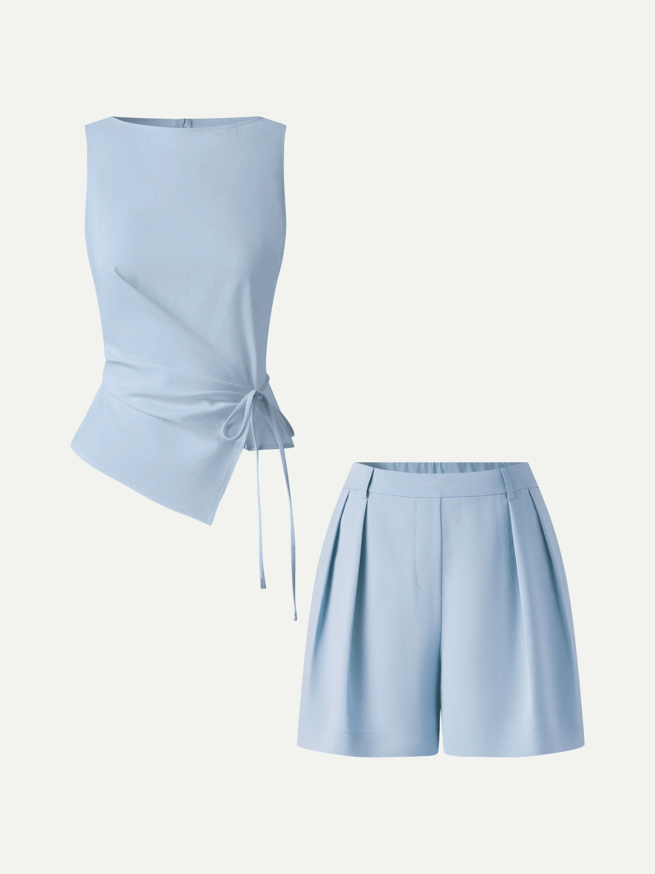 2Pcs Set Boatneck Waist-Defined Top & Tailored Shorts with Pockets - Image 9