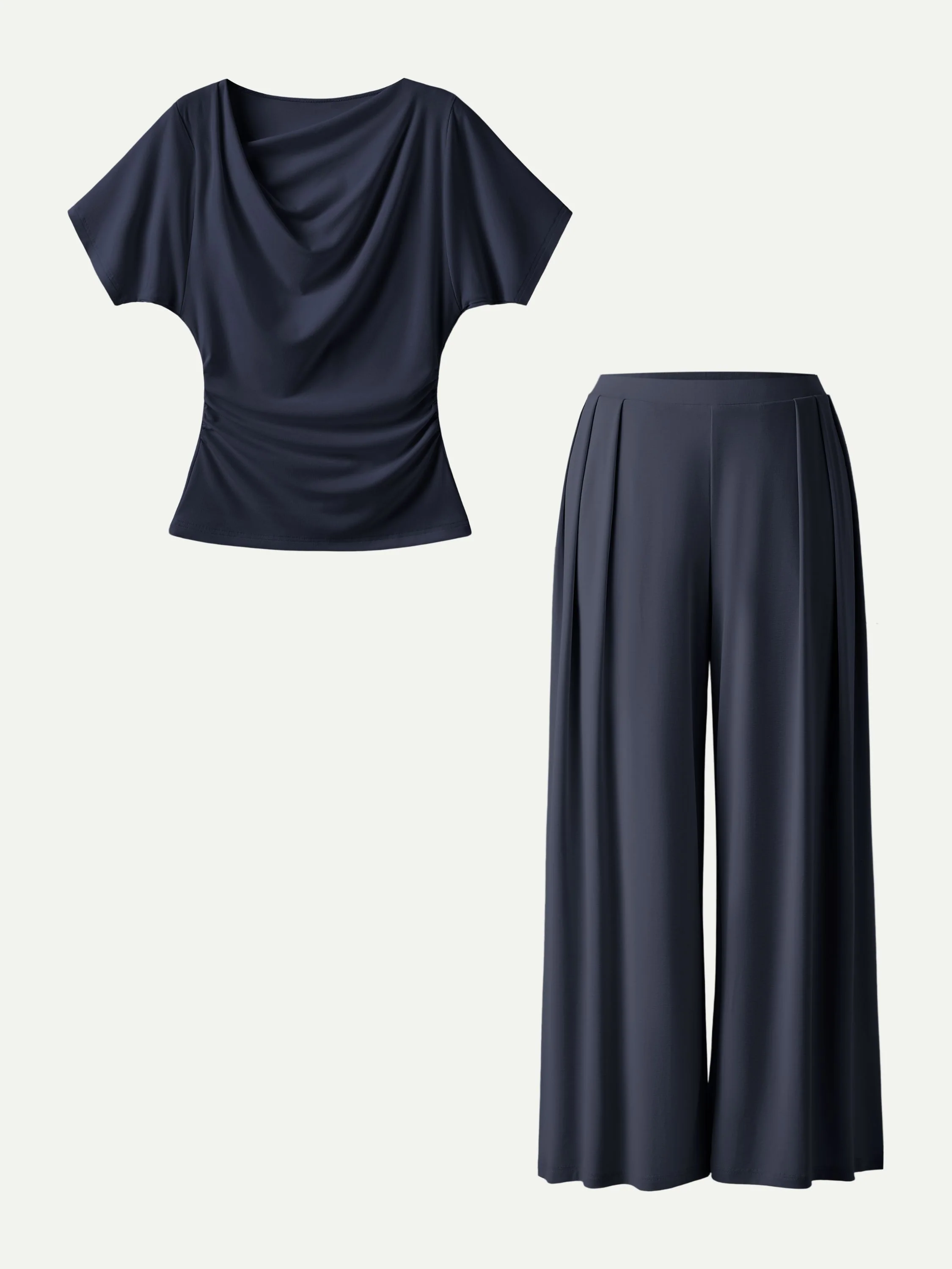 2Pcs Set Cowl Neck Ruched Top & Wide Leg Palazzo Pant with Pockets - Image 10