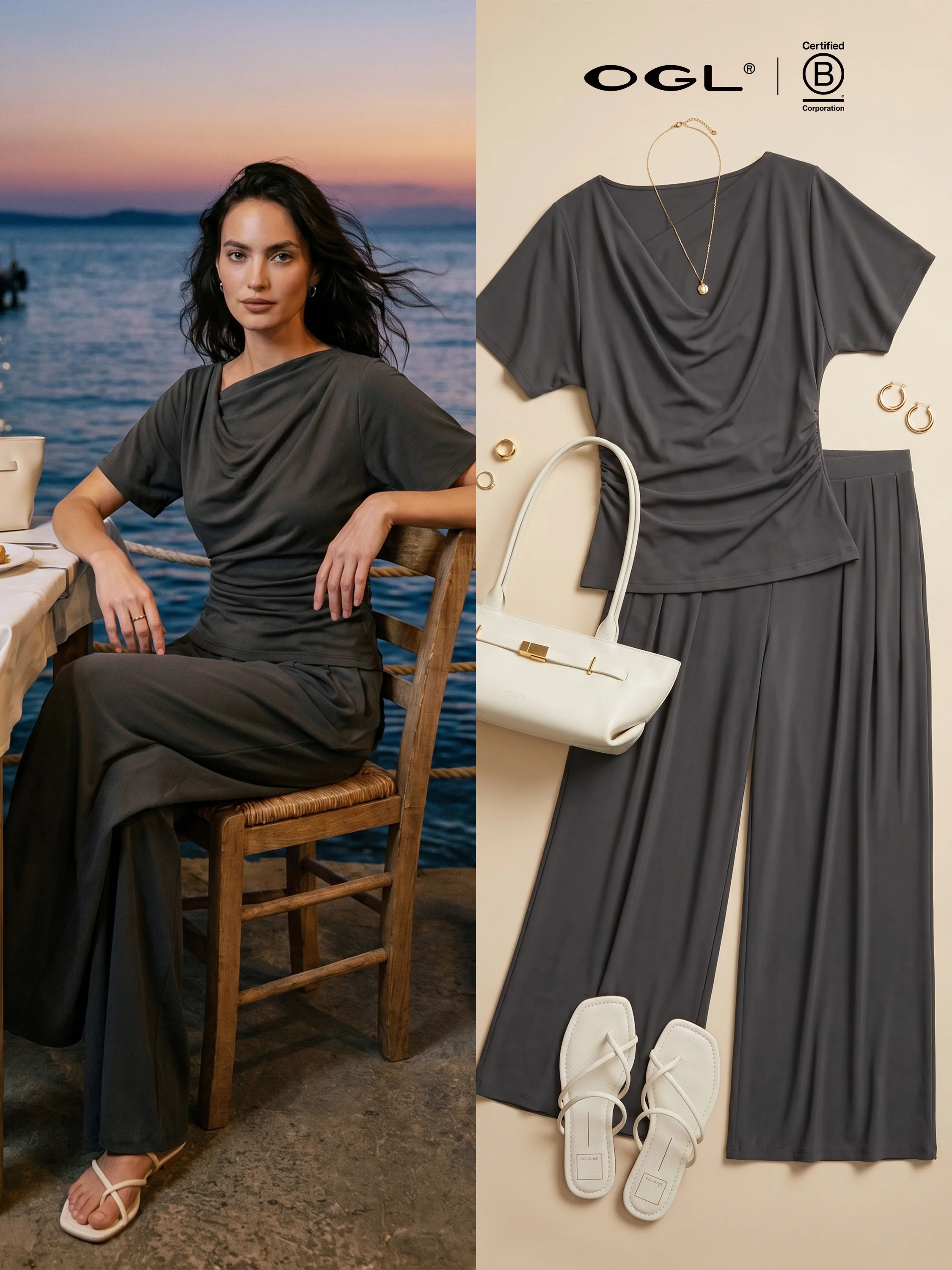 2Pcs Set Cowl Neck Ruched Top & Wide Leg Palazzo Pant with Pockets - Image 11