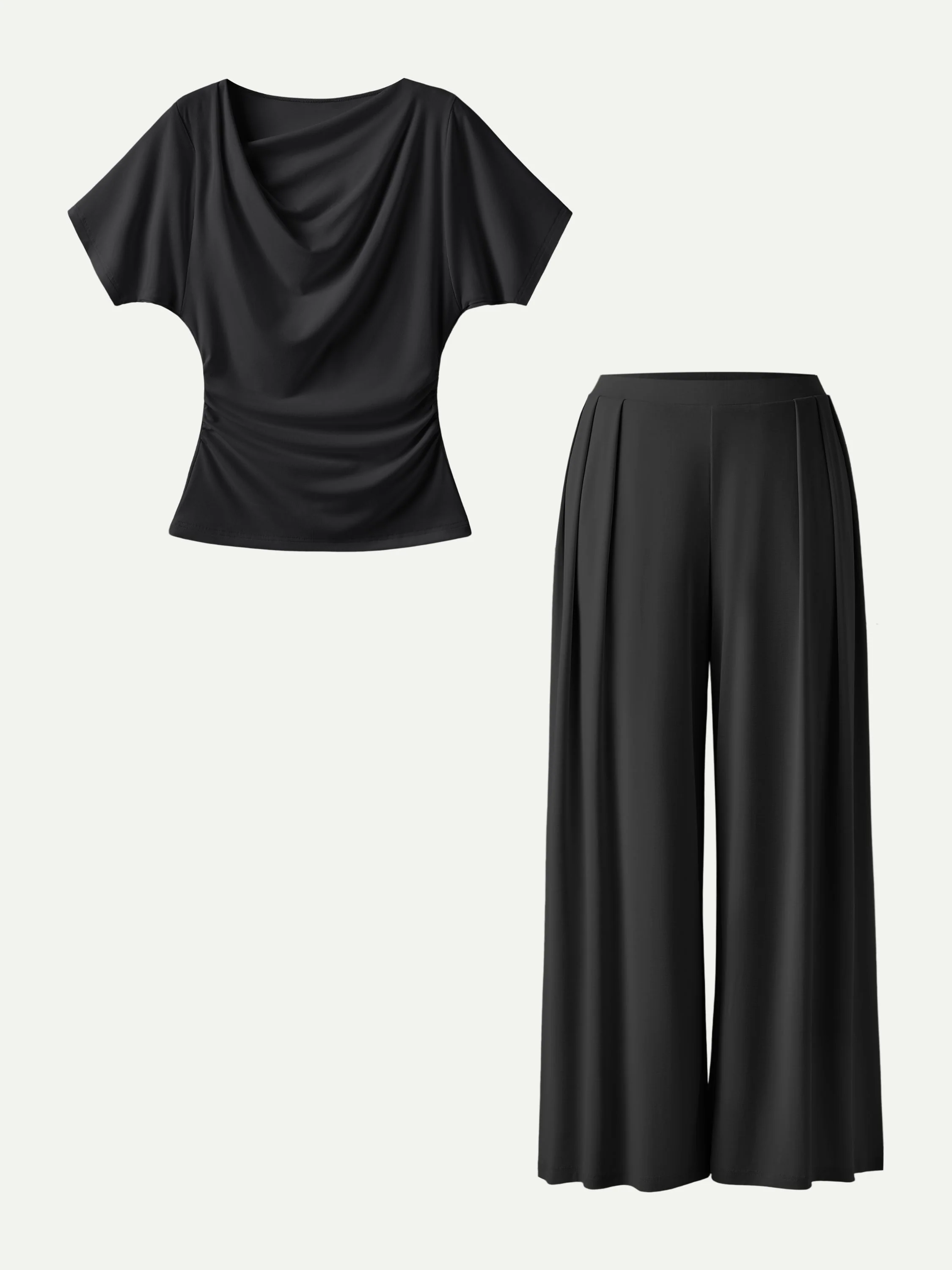 2Pcs Set Cowl Neck Ruched Top & Wide Leg Palazzo Pant with Pockets - Image 14