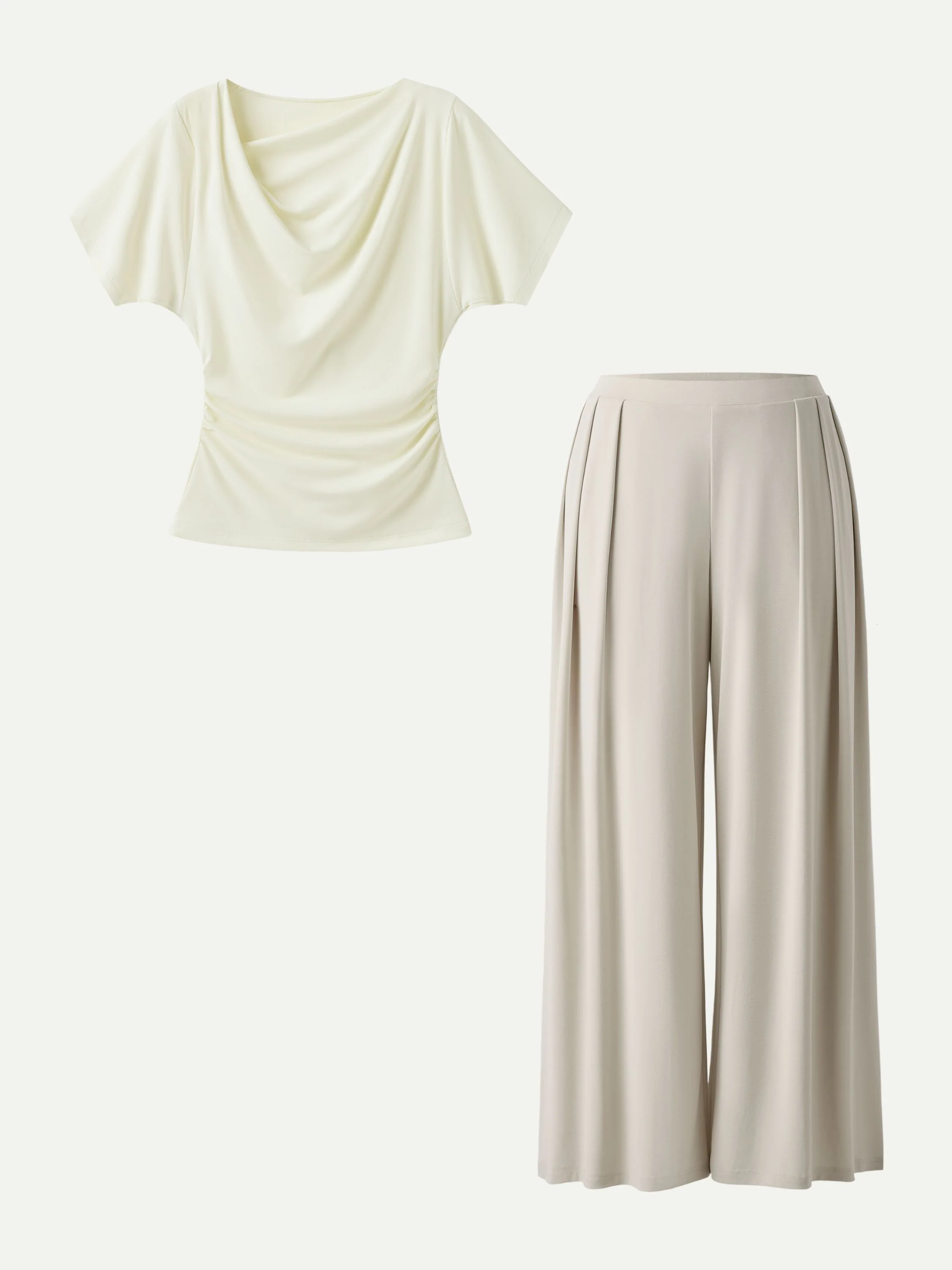 2Pcs Set Cowl Neck Ruched Top & Wide Leg Palazzo Pant with Pockets - Image 9