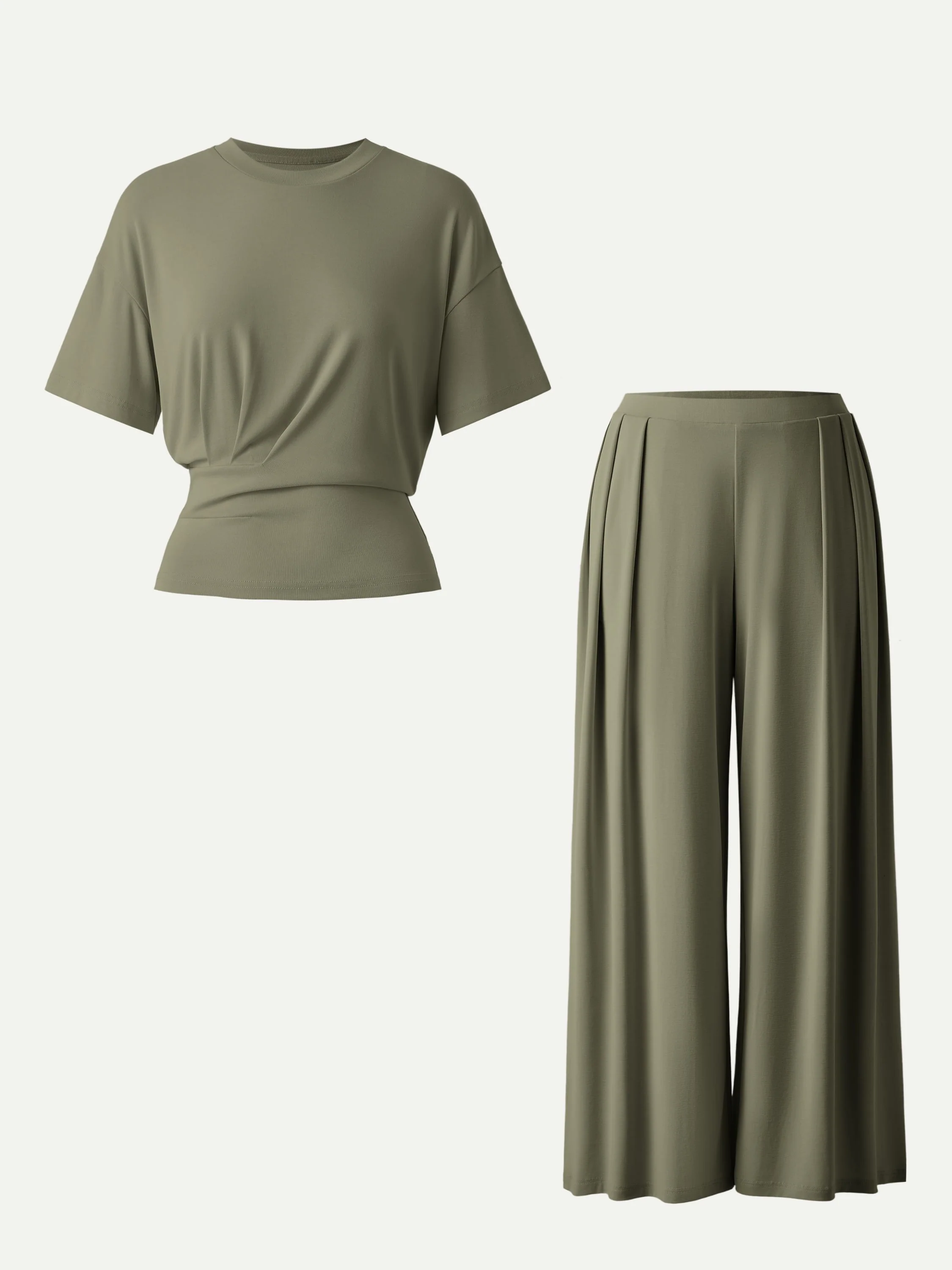 2Pcs Set Crewneck Short Sleeve Tee & Mid Rise Pleated Wide Leg Pant with Pockets - Image 7