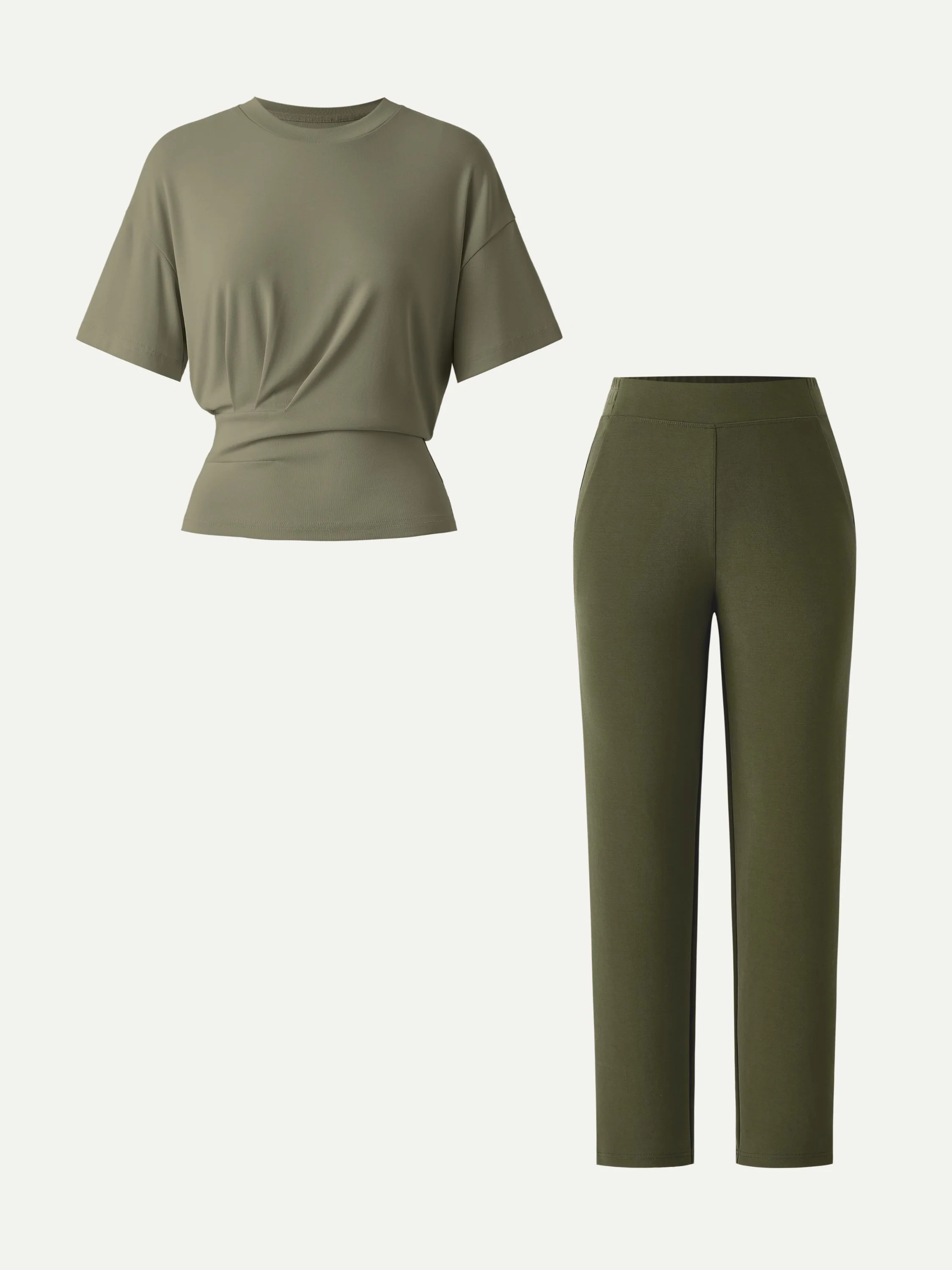 2Pcs Set Crewneck Tucked Tee & Mid Rise Tapered Pant with Pockets - Image 8