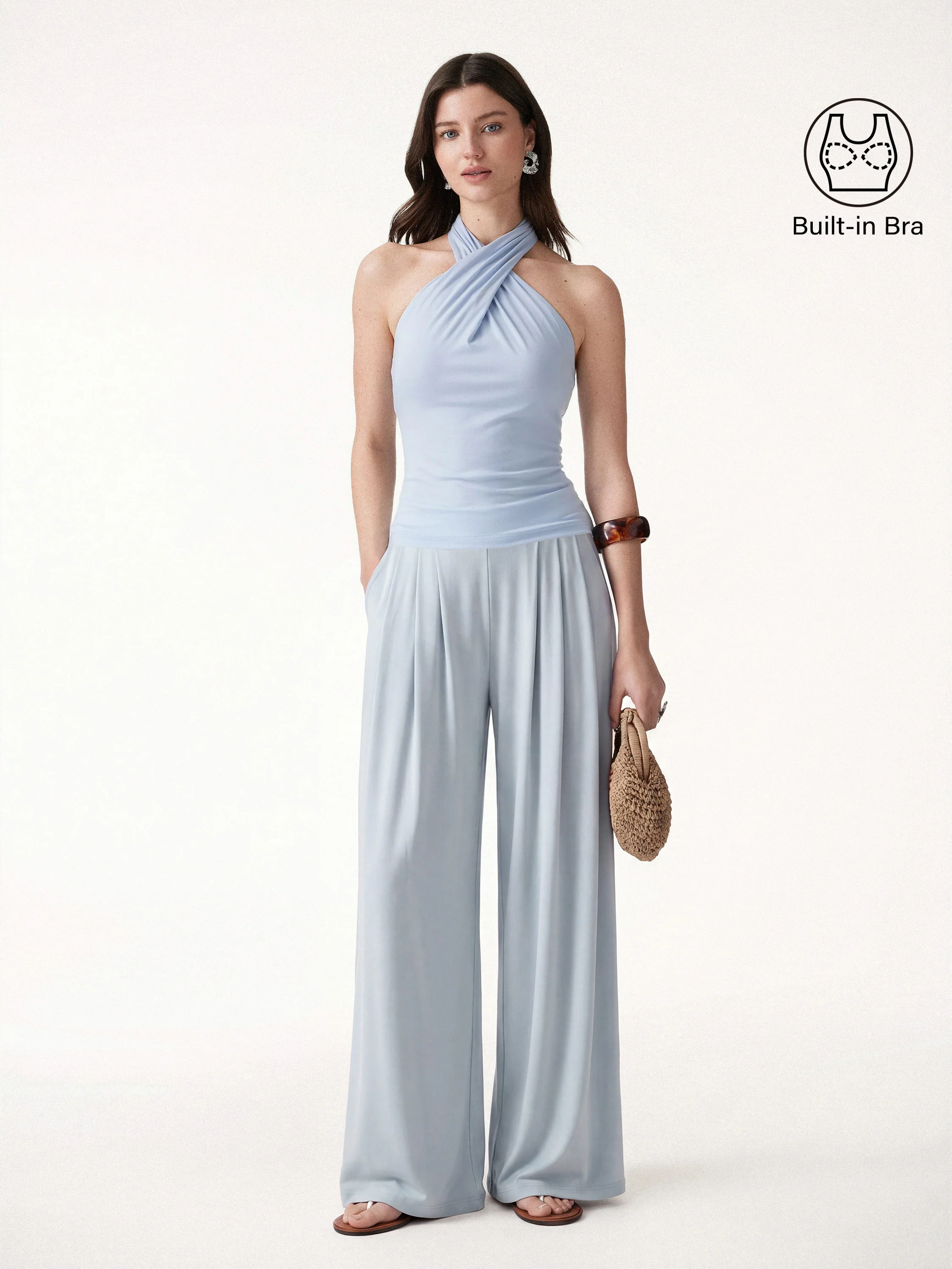 2Pcs Set Criss Cross Bra Top & Tucked Palazzo Pants with Pockets