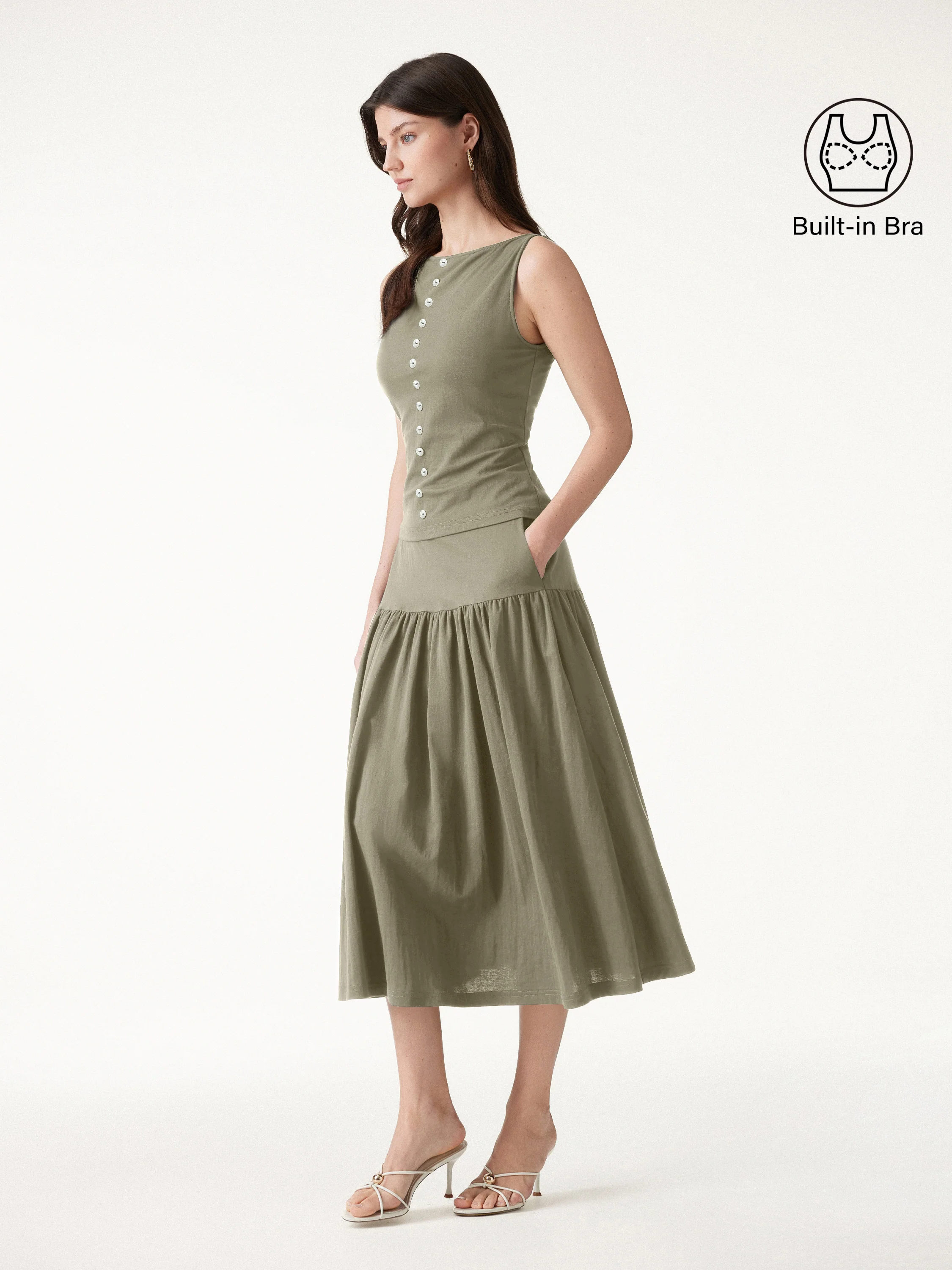 2Pcs Set Cropped Bra Top & Midi Skirt with Pockets - Image 12