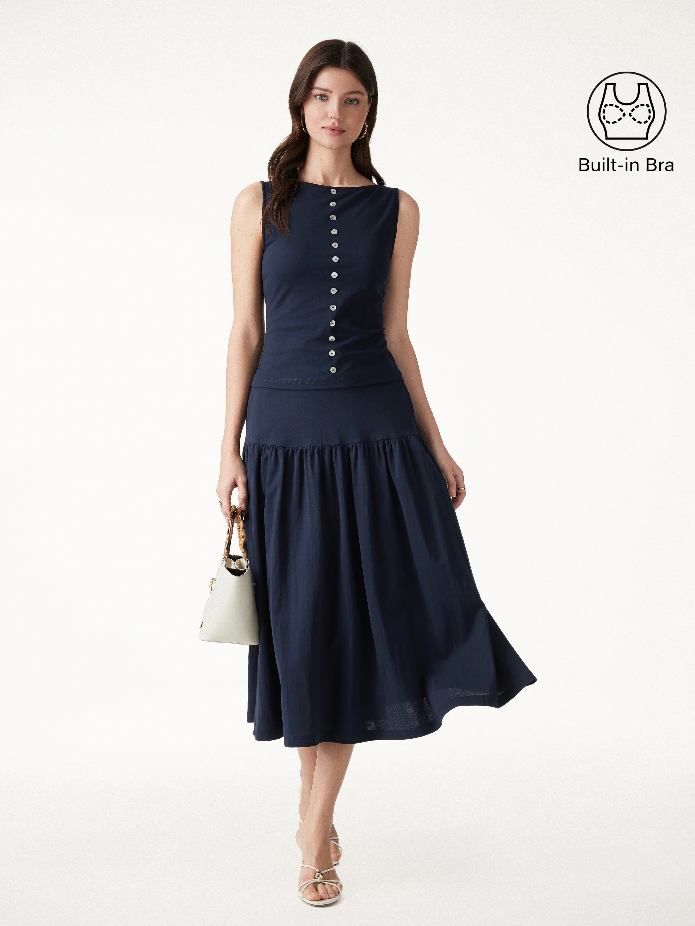 2Pcs Set Cropped Bra Top & Midi Skirt with Pockets - Image 3