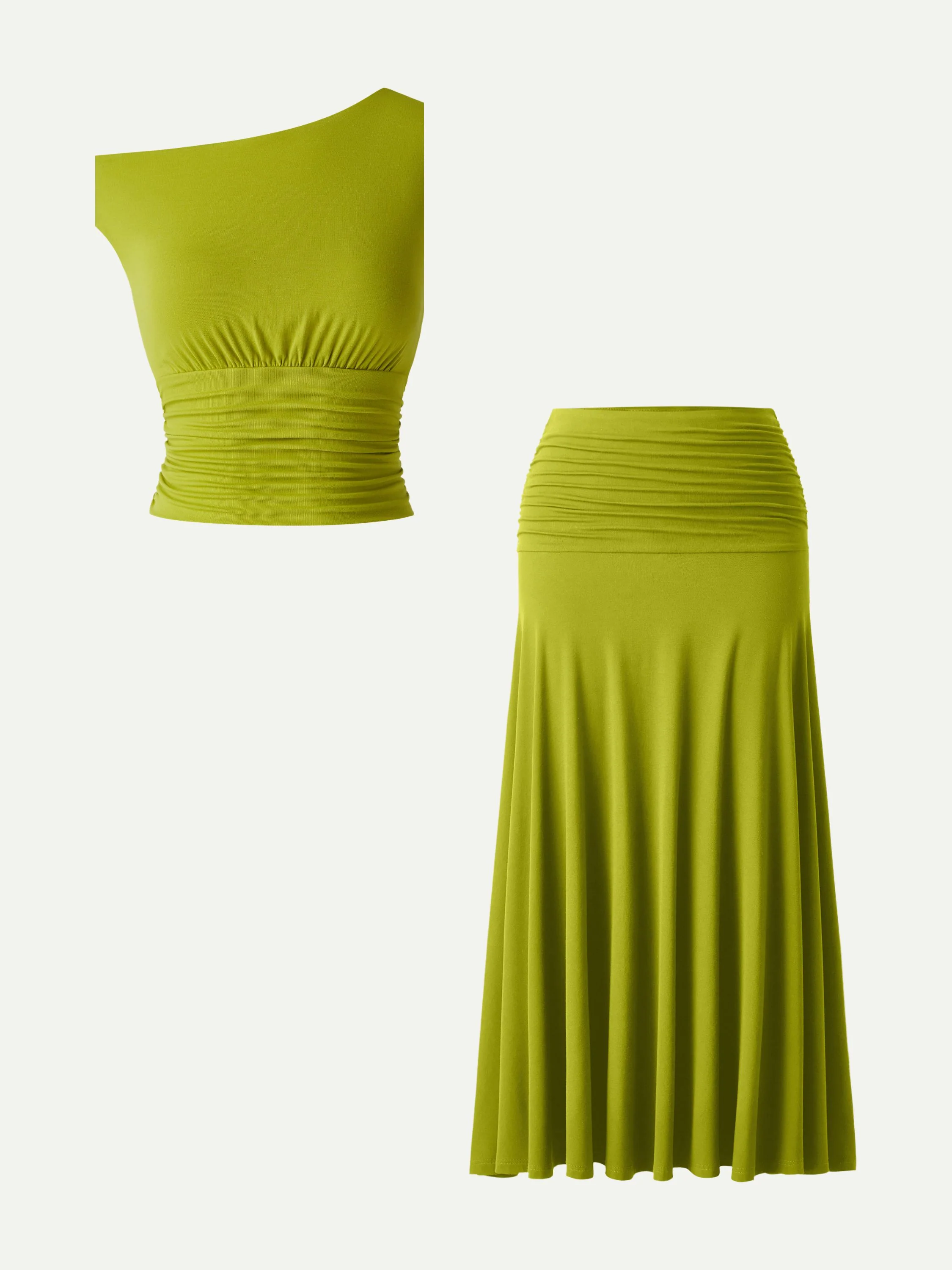 2Pcs Set Cropped Ruched Bra Top& A-line Ruched Maxi Skirt - Image 2