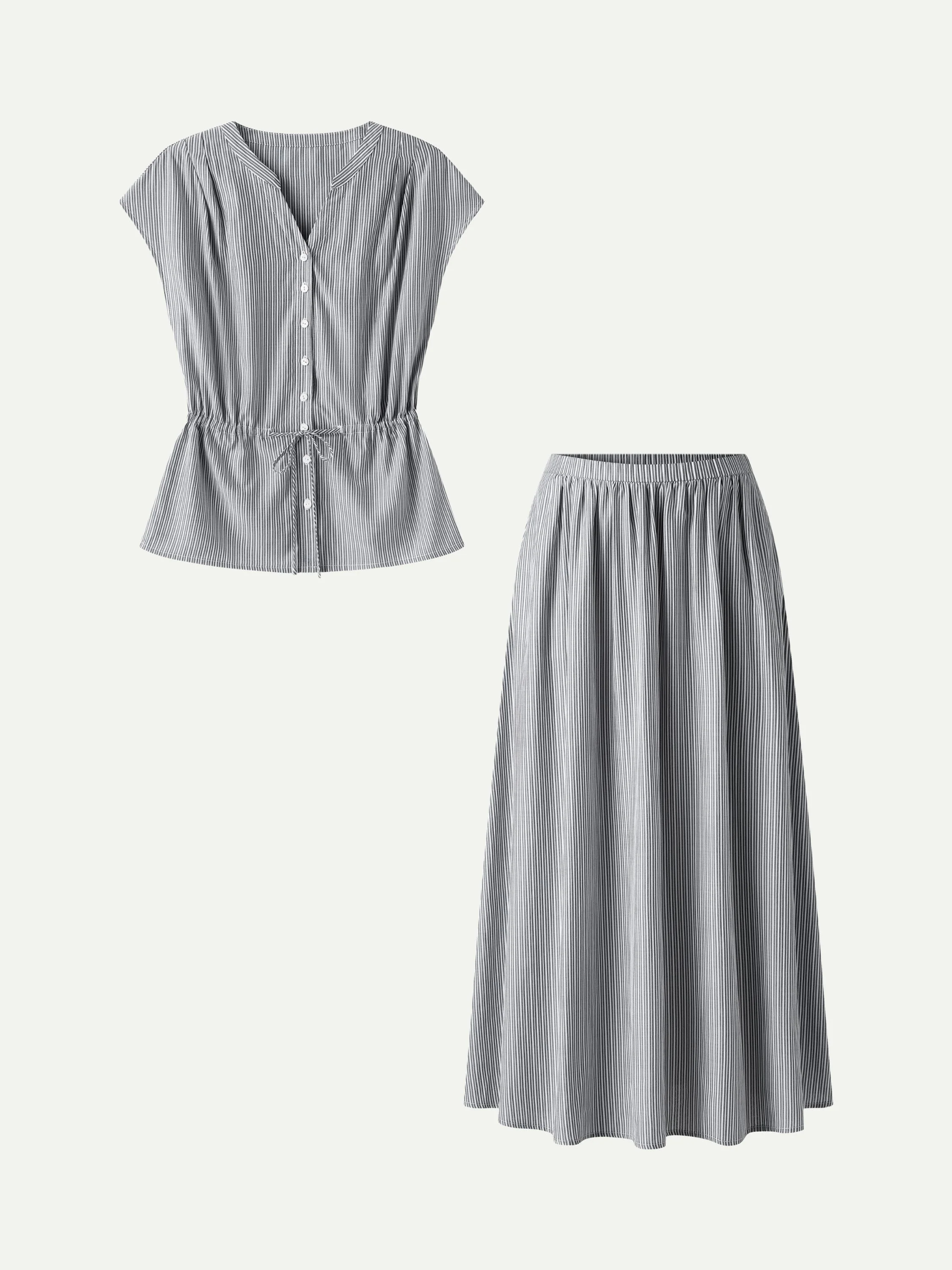 2Pcs Set Drawstring Waist Poplin Shirt & High Rise Midi Skirt with Pockets - Image 8
