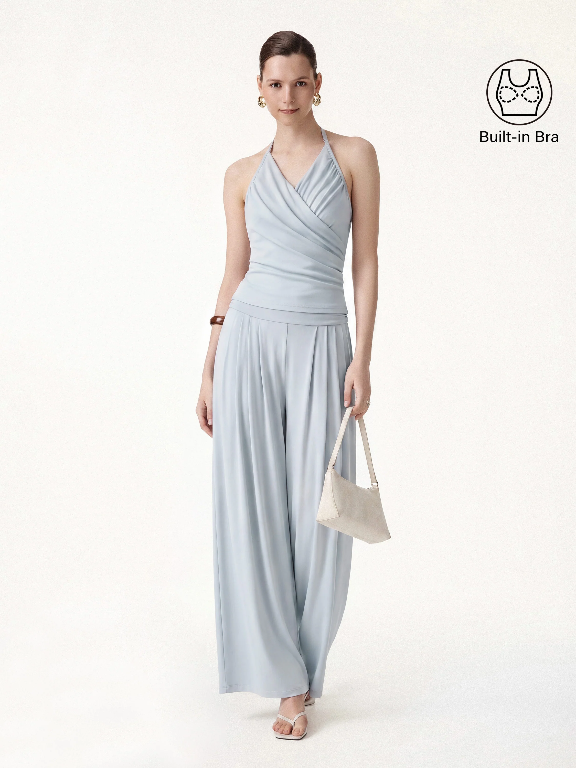 2Pcs Set Halter Neck Surplice Bra Top & Tucked Palazzo Pant with Pockets