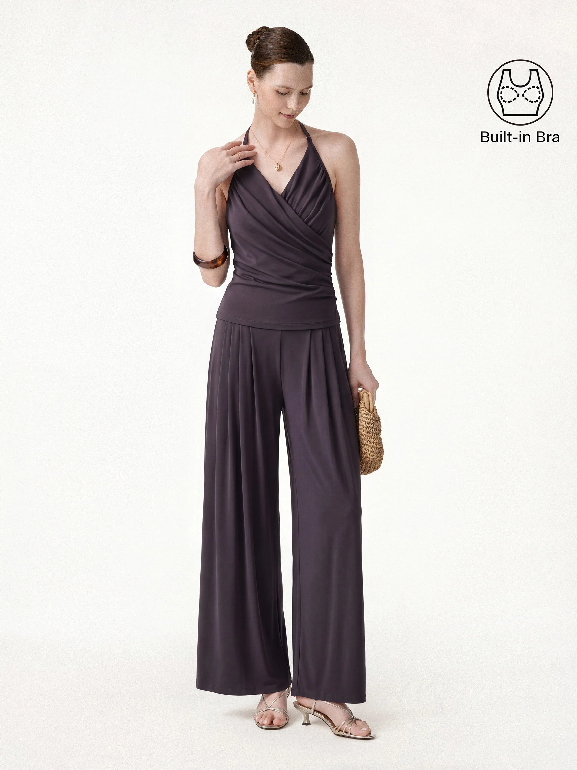 2Pcs Set Halter Neck Surplice Bra Top & Tucked Palazzo Pant with Pockets - Image 11