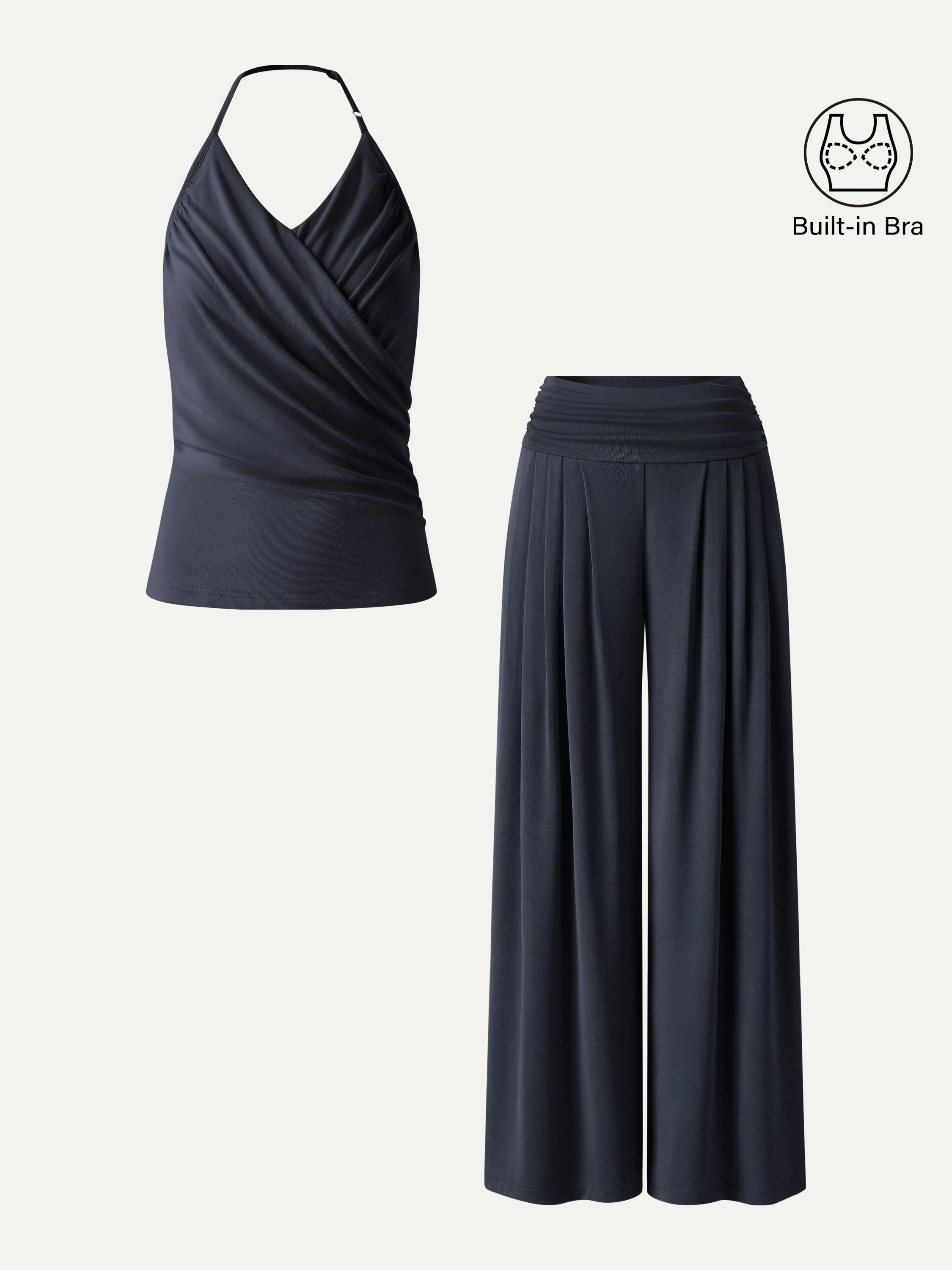 2Pcs Set Halter Neck Surplice Bra Top & Tucked Palazzo Pant with Pockets - Image 14