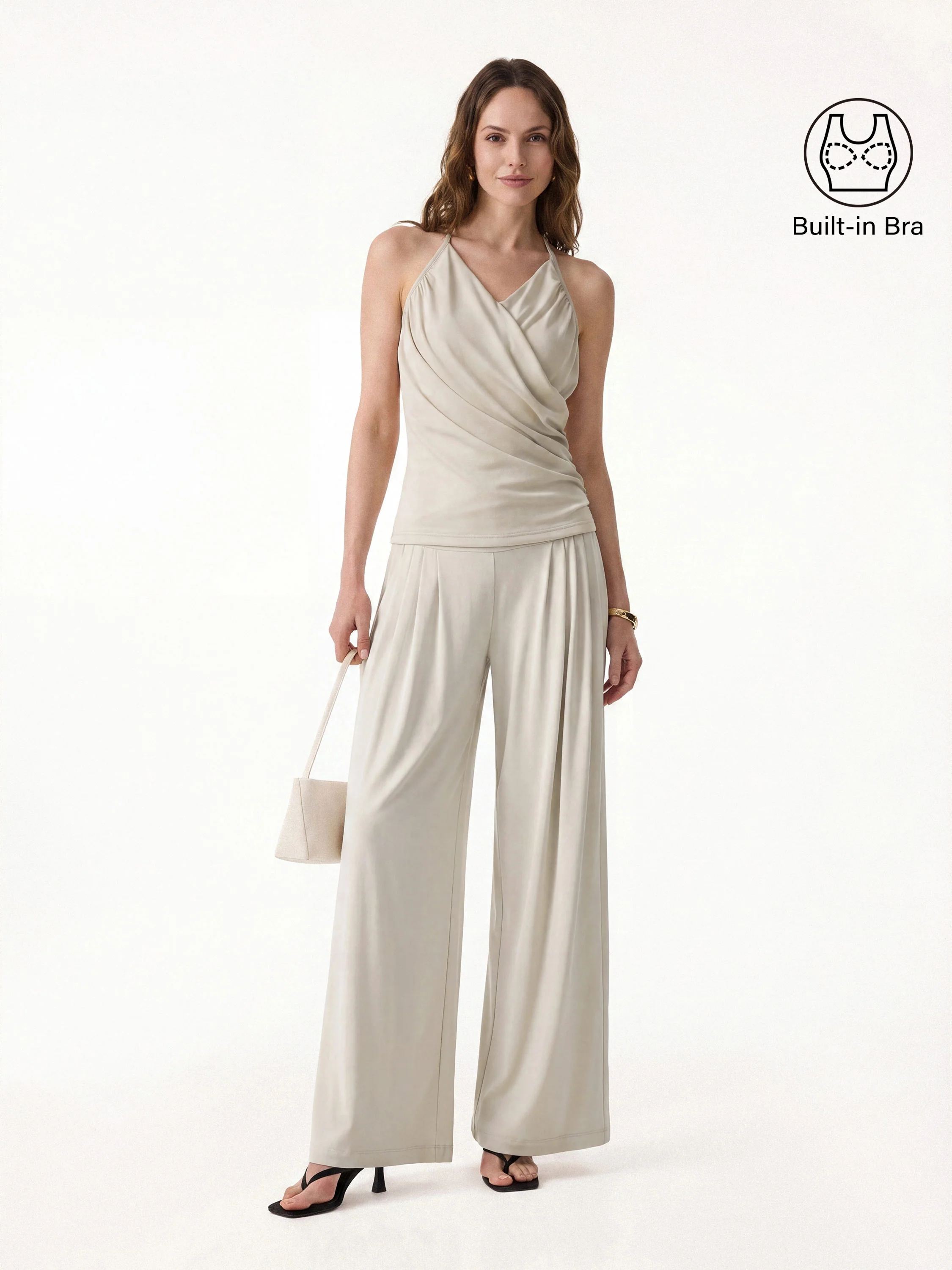 2Pcs Set Halter Neck Surplice Bra Top & Tucked Palazzo Pant with Pockets - Image 3
