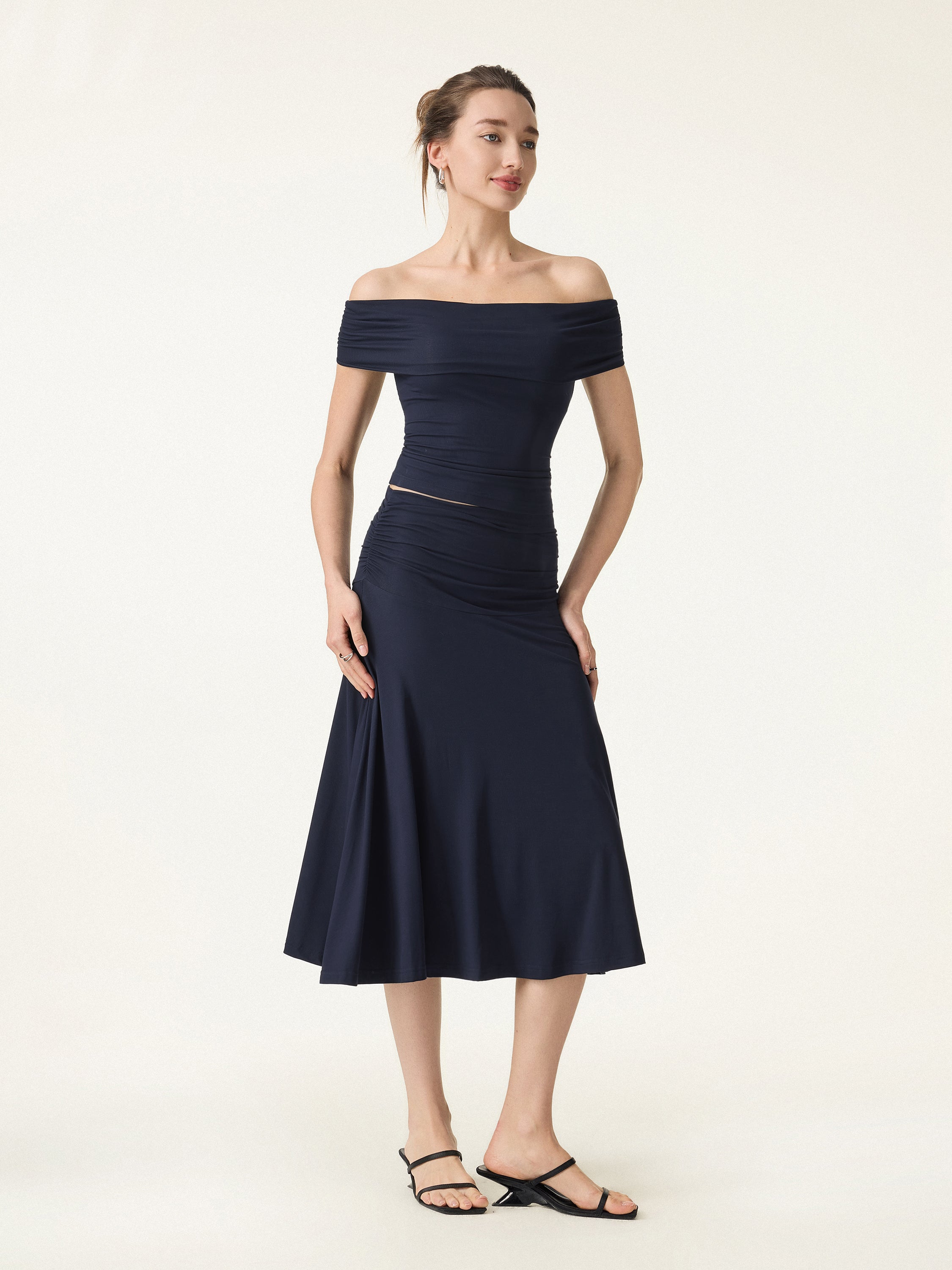 2Pcs Set Multi-wear Bra Top & Side Ruched A-line Midi Skirt - Image 10