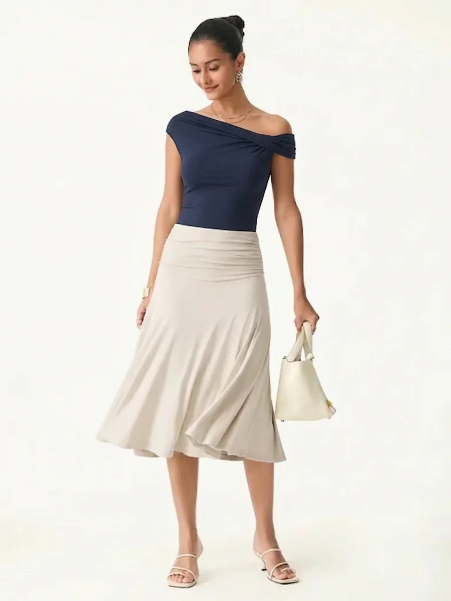 2Pcs Set Multi-wear Bra Top & Side Ruched A-line Midi Skirt - Image 2