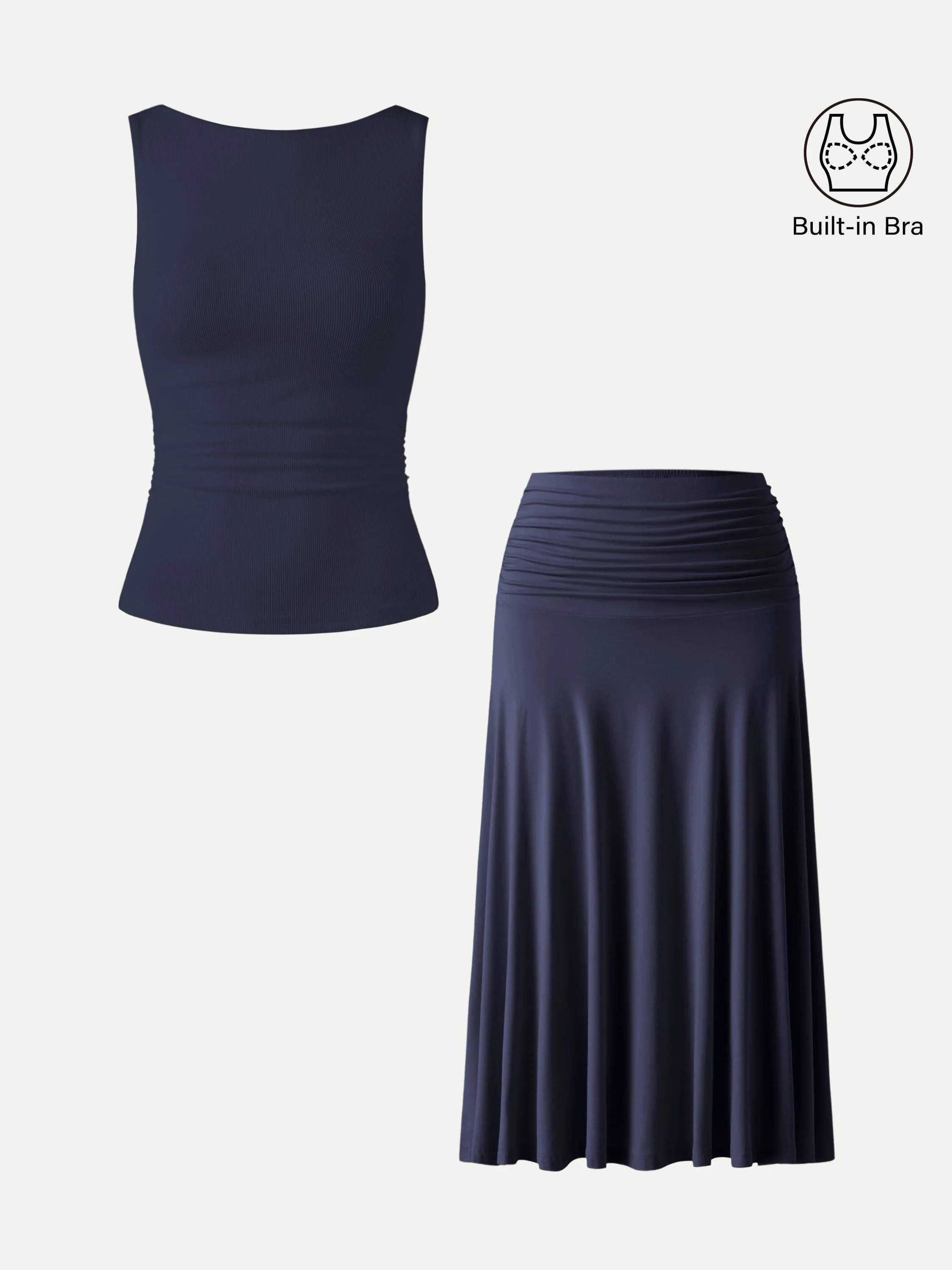 2Pcs Set Open Back Bra Tank & Side Ruched A-line Midi Skirt - Image 9