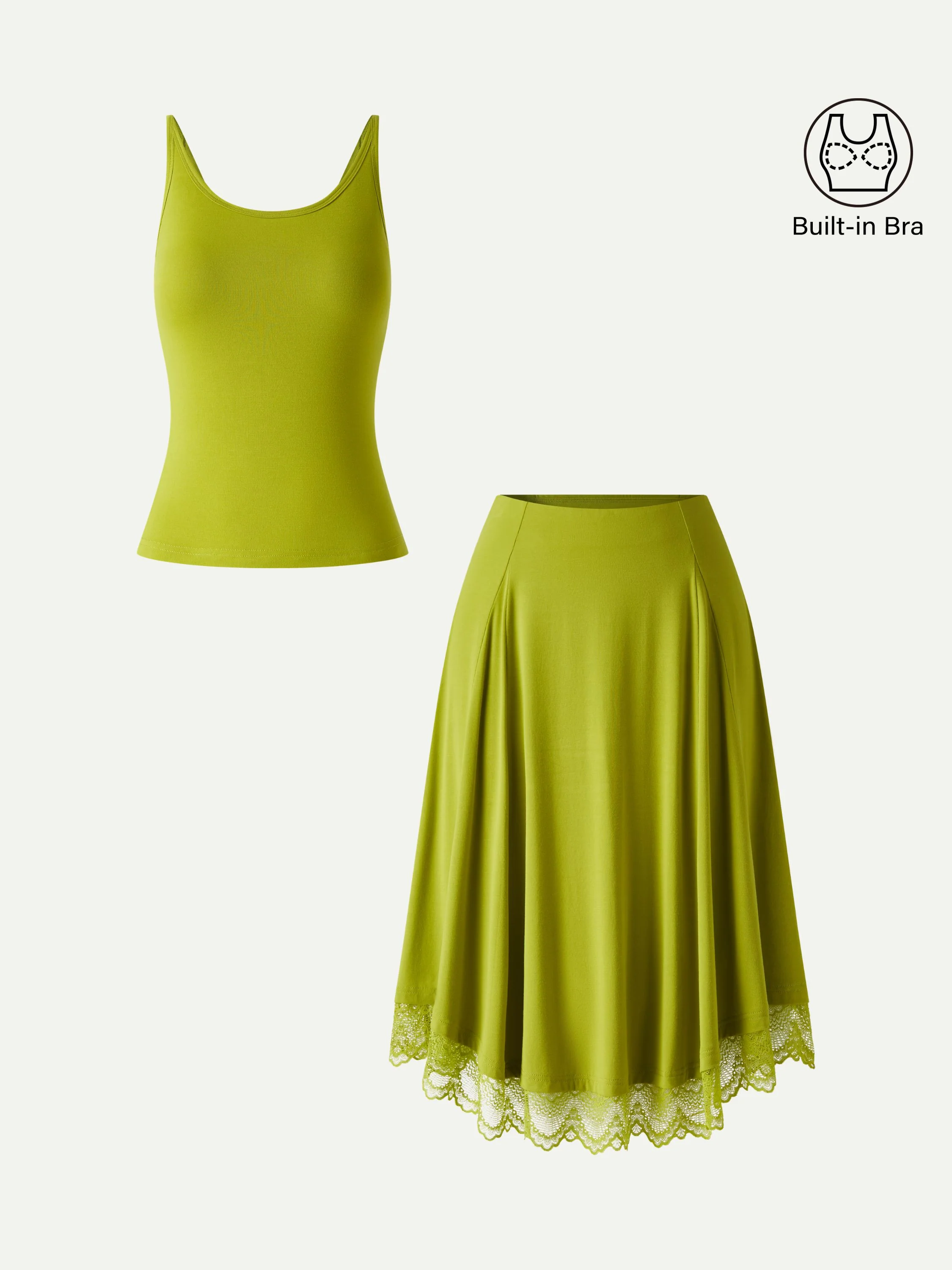 2Pcs Set Scoop Neck Bra Top & Lace Trim Midi Circle Flare Skirt - Image 2
