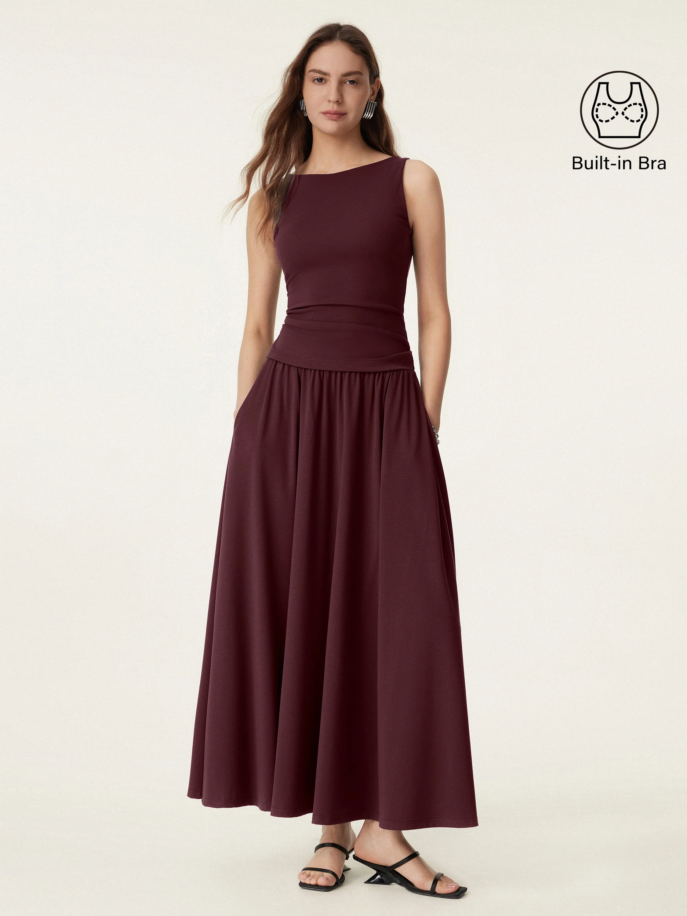 2Pcs Set Stretch Cotton Boatneck Bra Tank & Maxi Umbrella Skirt with Pockets