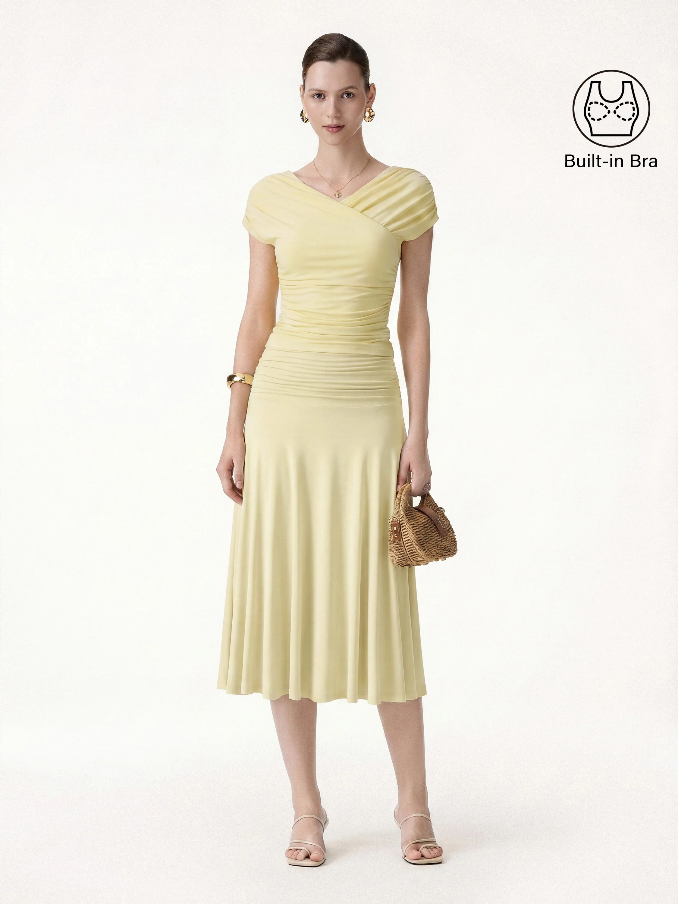 2Pcs Set Surplice V-Neck Bra Top & Side Ruched A-line Midi Skirt - Image 8