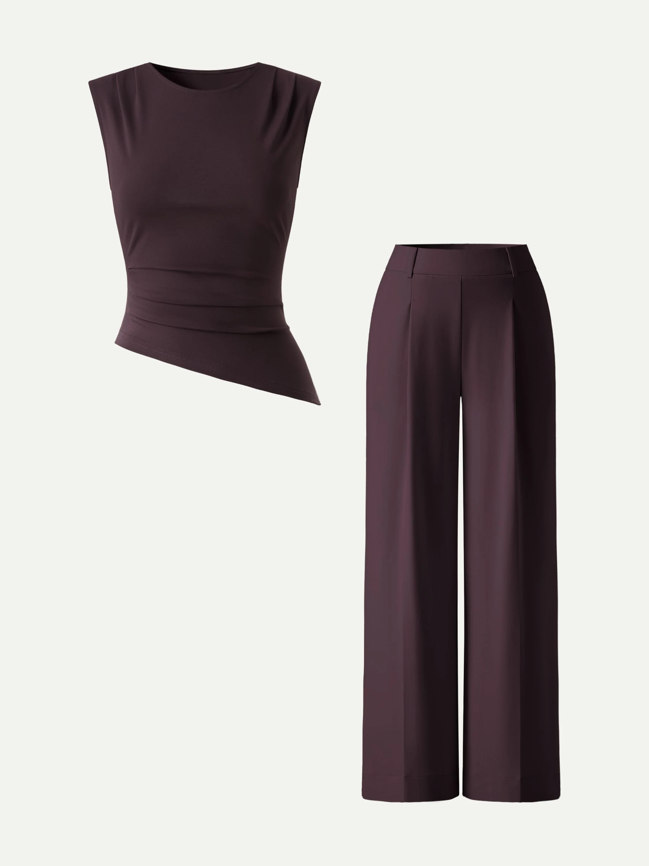 2Pcs Set Tucked Asymmetrical Hem Top & High Rise Wide Leg Pant - Image 2
