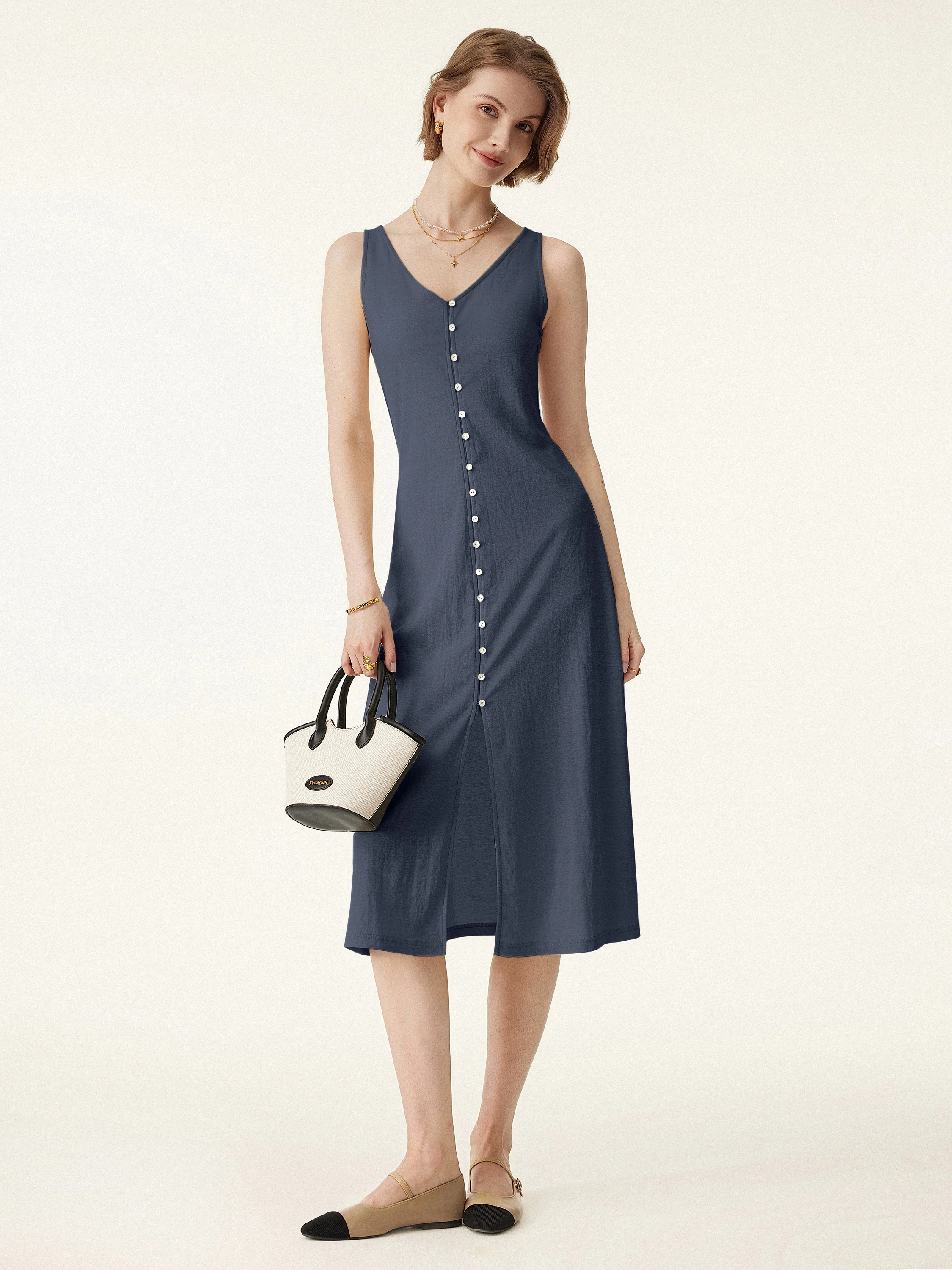 2Pcs Set V-neck Button Front Midi Vest Dress & Mid Rise Straight Leg Pant - Image 11