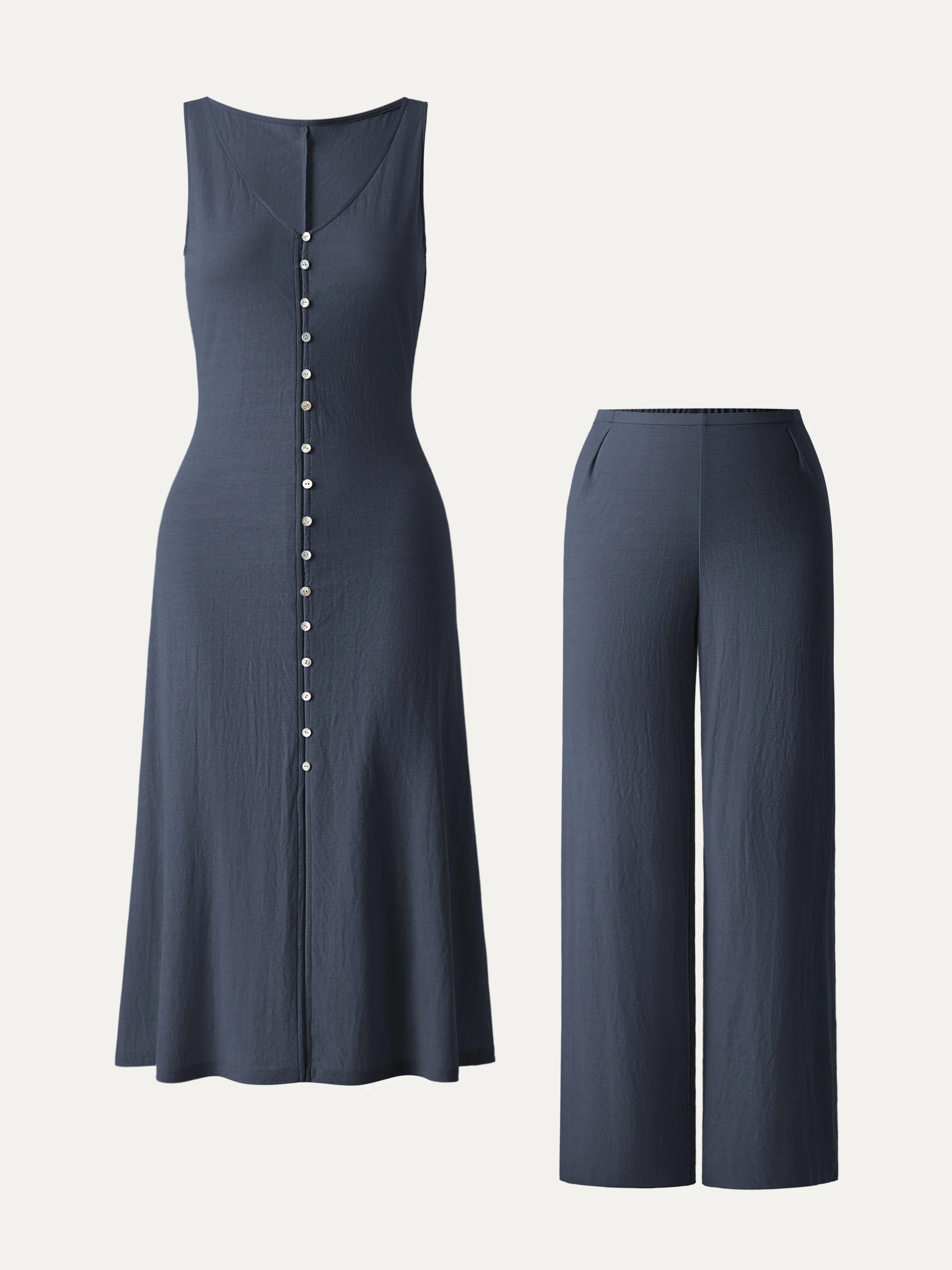 2Pcs Set V-neck Button Front Midi Vest Dress & Mid Rise Straight Leg Pant - Image 12