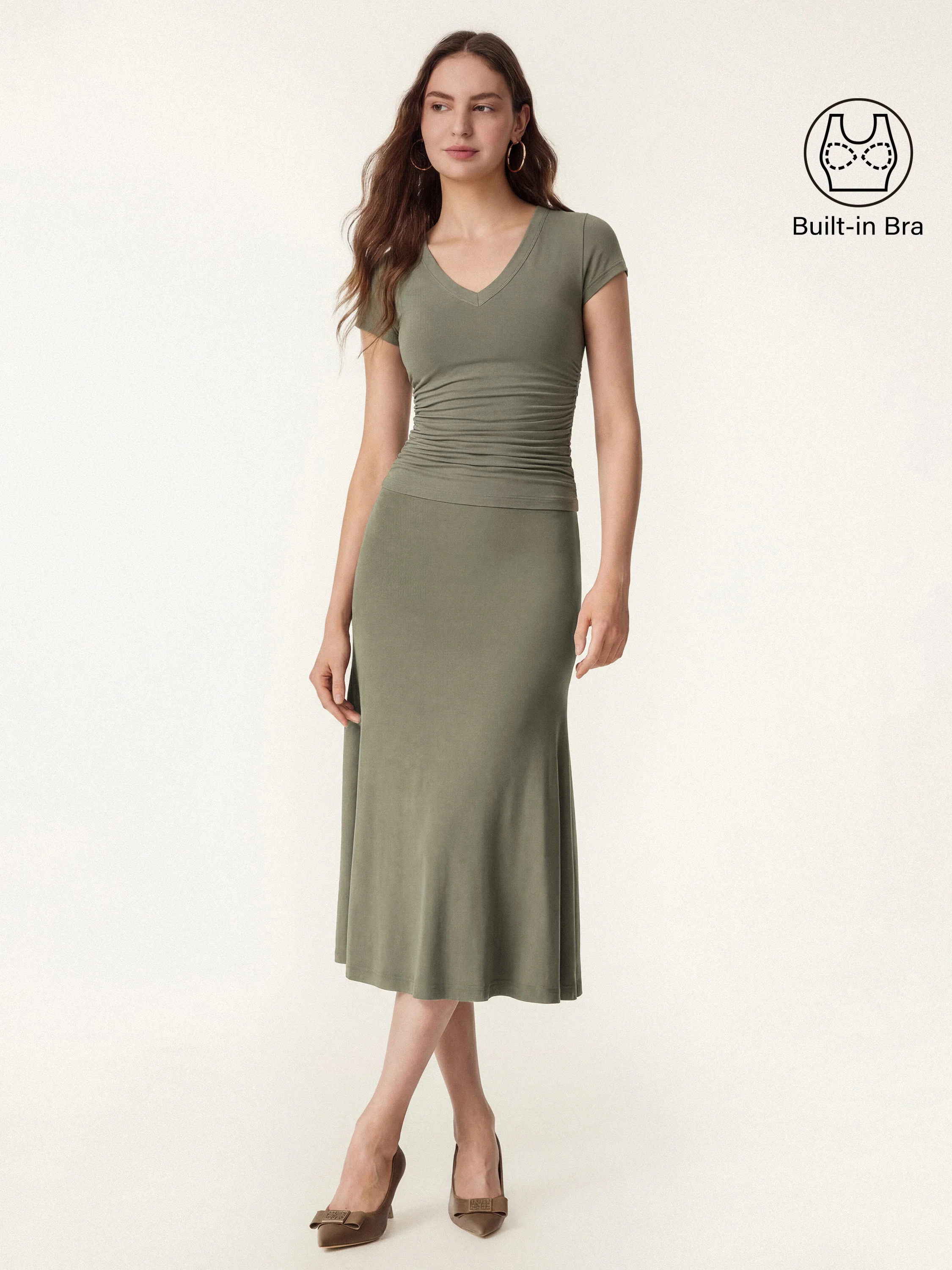 2Pcs Set V-neck Cap Sleeve Bra Tee & Pull-on Mermaid Midi Skirt - Image 2