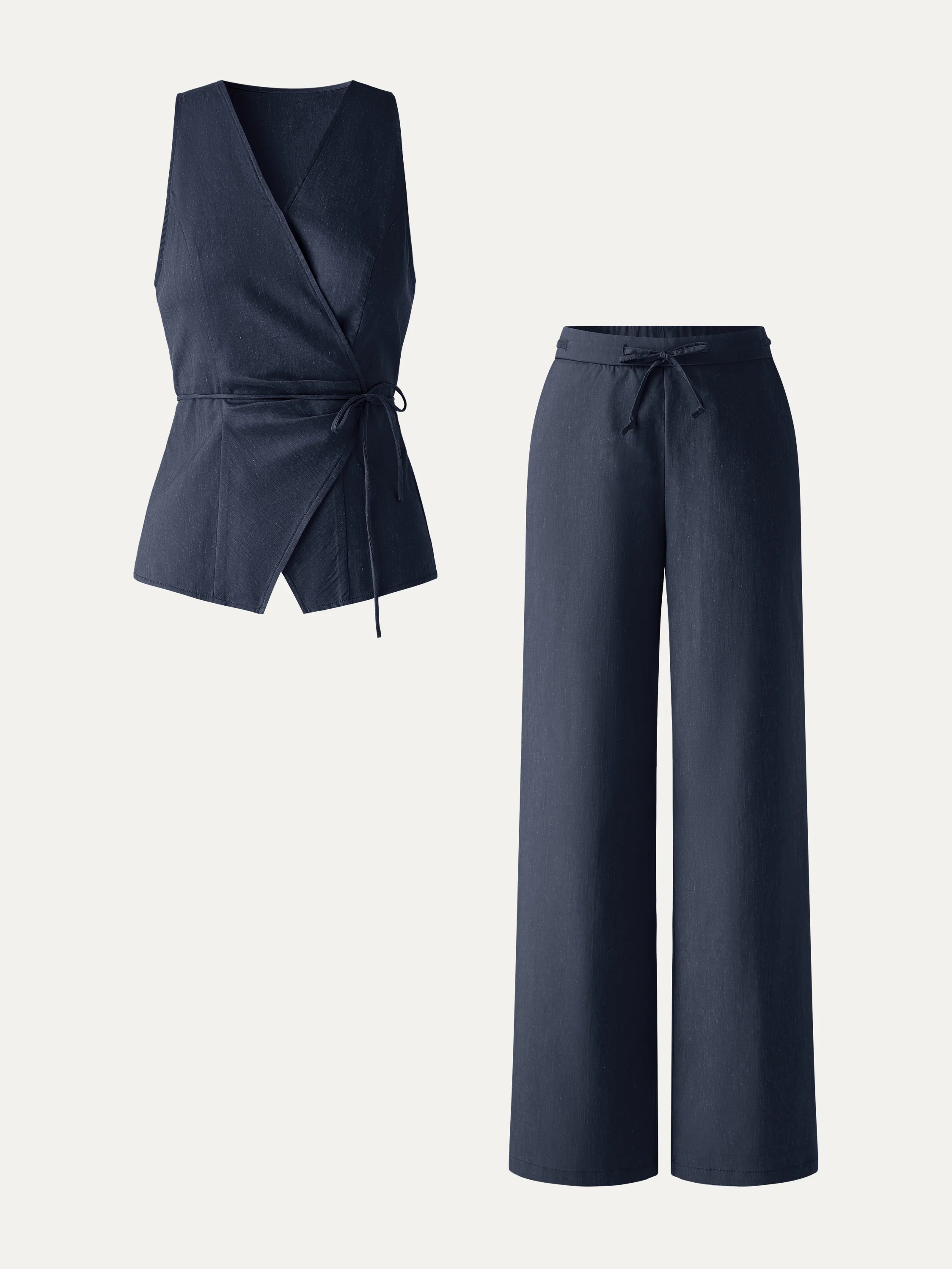 2Pcs Set Wrap Top with Self-Tie & Drawstring Wide Leg Pant with Pockets - Image 10