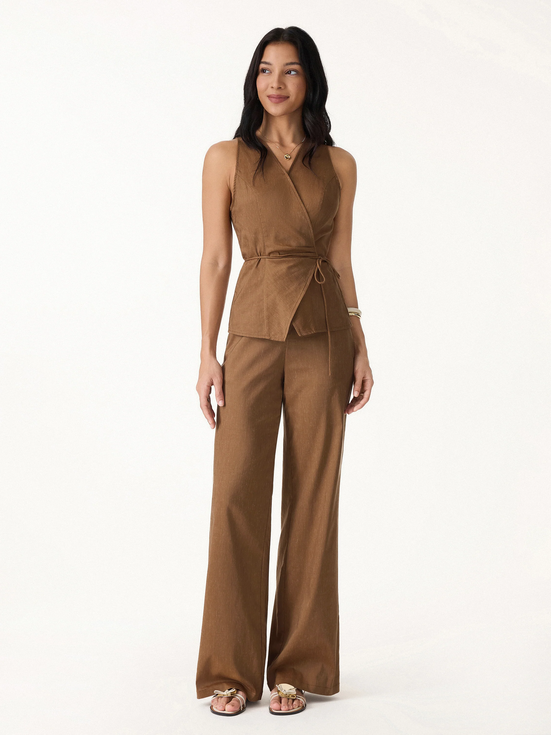 2Pcs Set Wrap Top with Self-Tie & Drawstring Wide Leg Pant with Pockets - Image 3