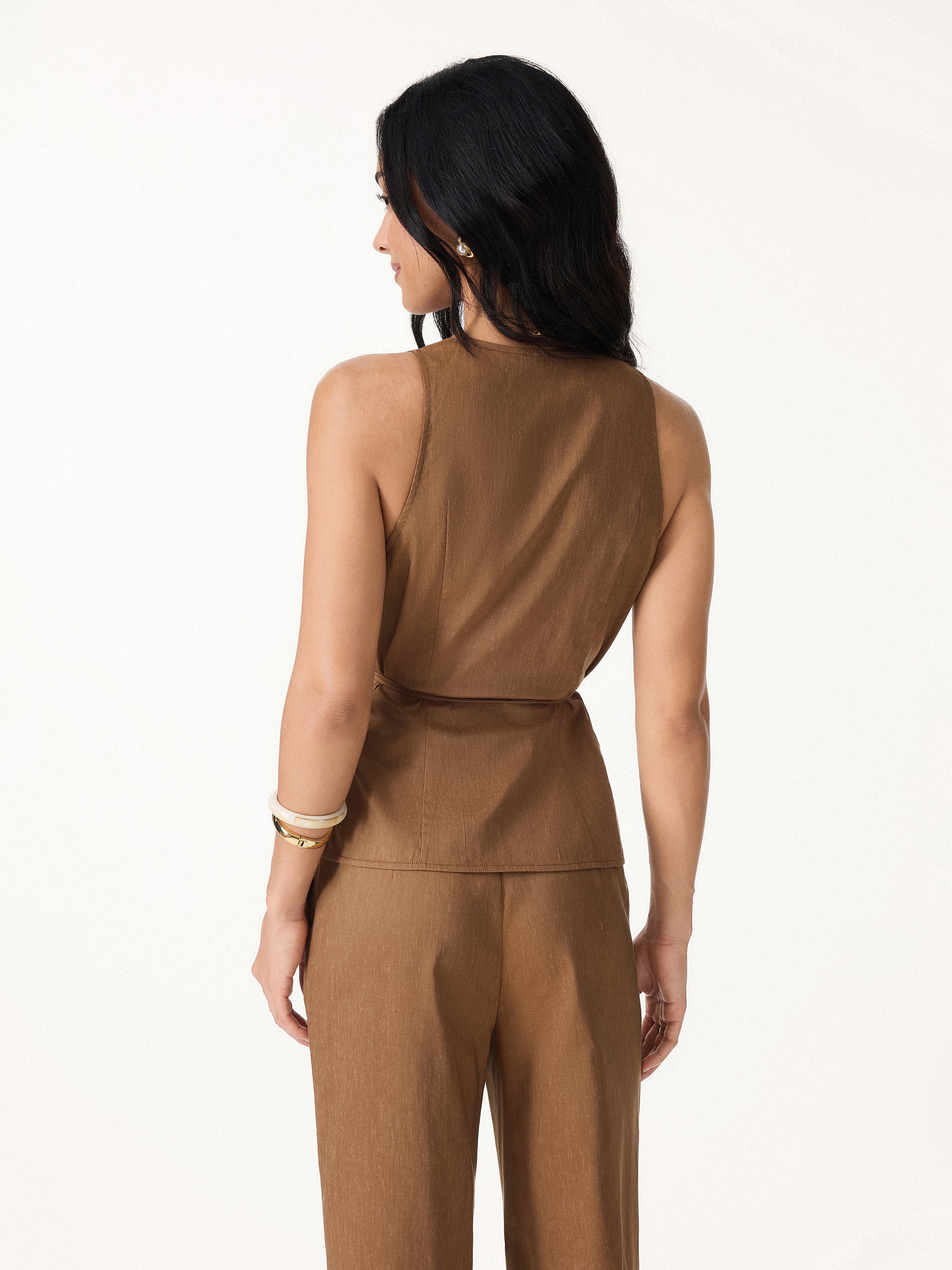 2Pcs Set Wrap Top with Self-Tie & Drawstring Wide Leg Pant with Pockets - Image 4