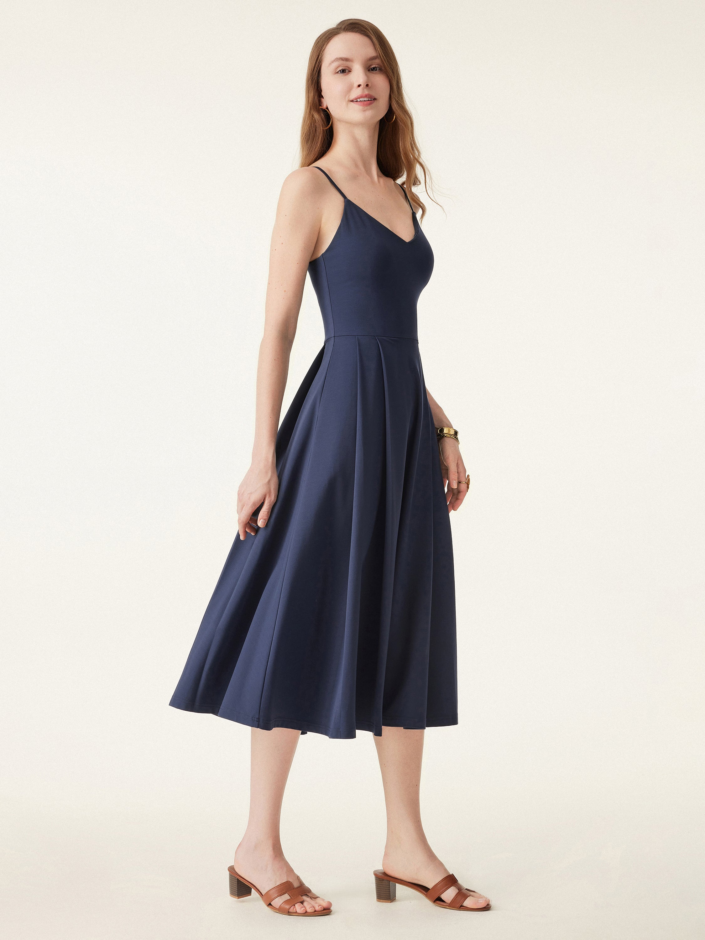 Bamboo Ponte V-neck Fit-and-flare Midi Bra Sundress with Pockets - Image 2