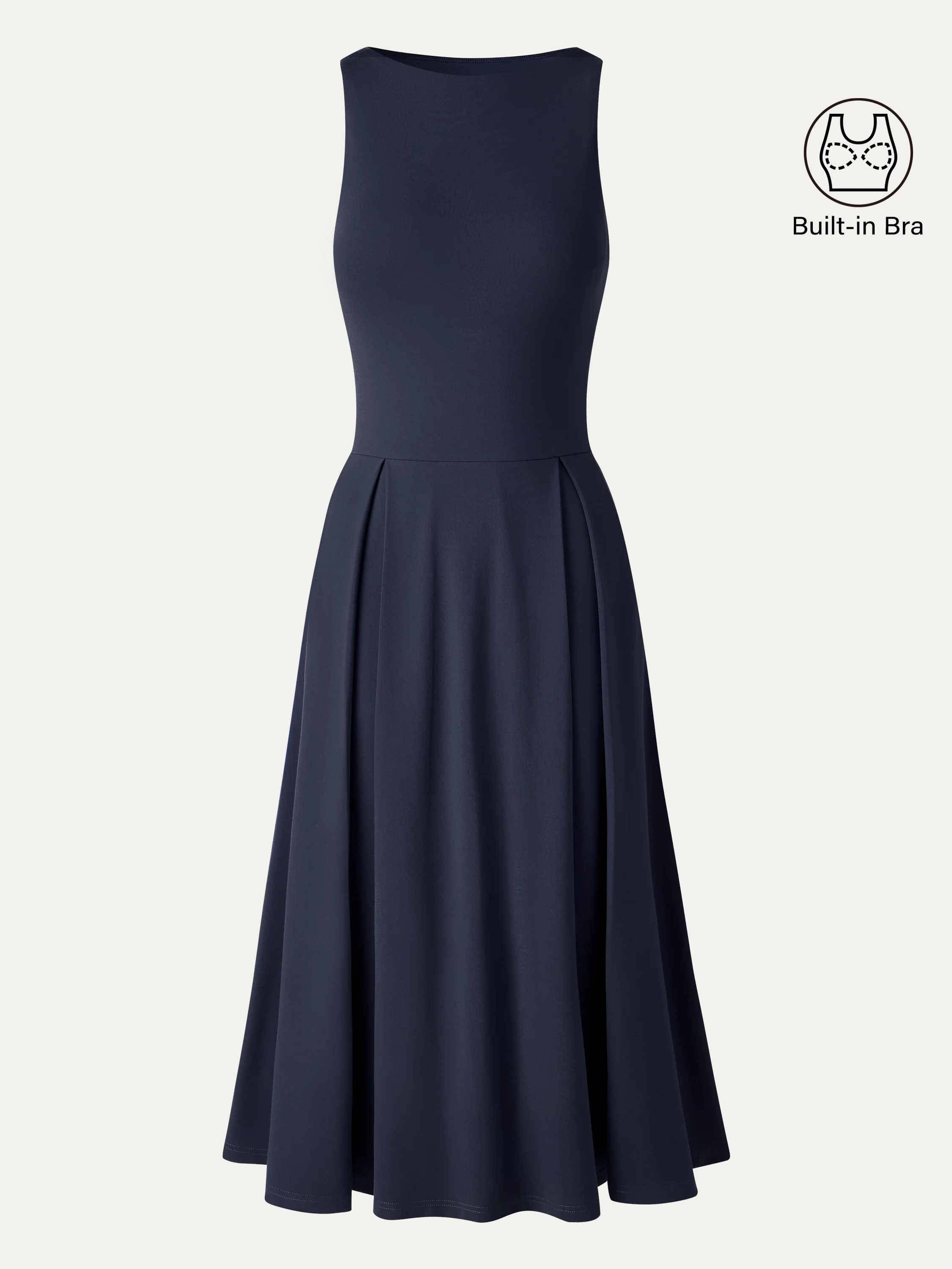 Boatneck Pleated Fit-and-Flare Midi Bra Dress with Pockets - Image 10