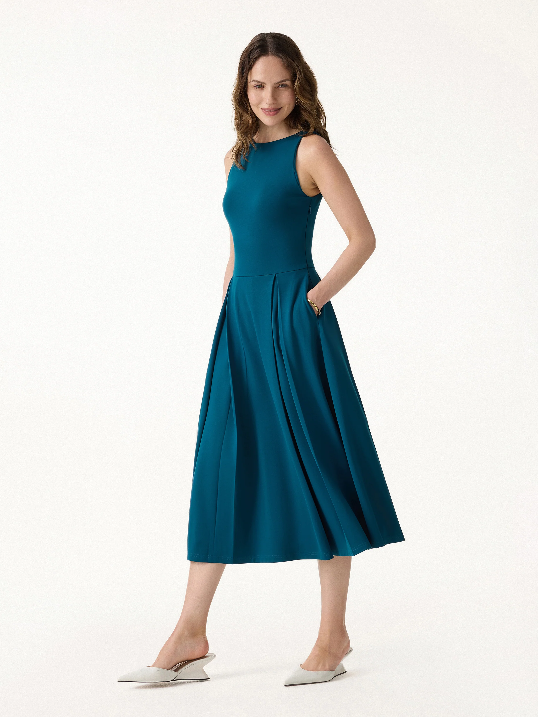 Boatneck Pleated Fit-and-Flare Midi Bra Dress with Pockets - Image 3