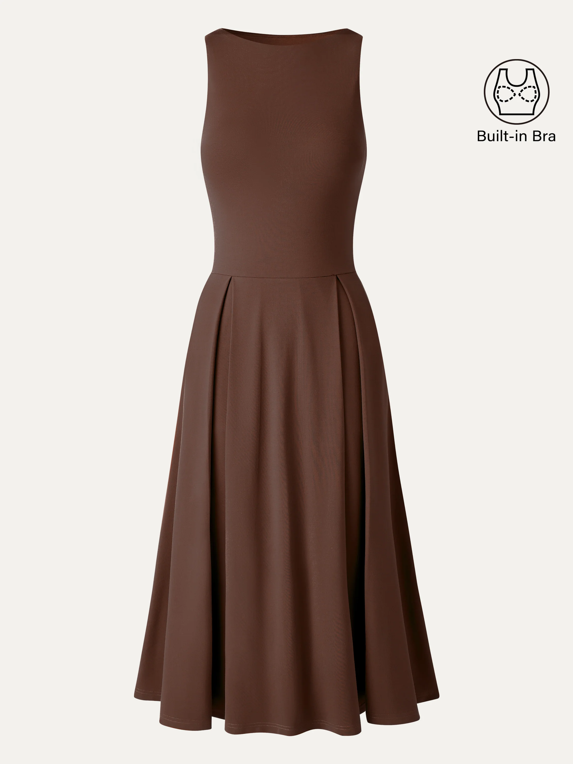 Boatneck Pleated Fit-and-Flare Midi Bra Dress with Pockets - Image 9