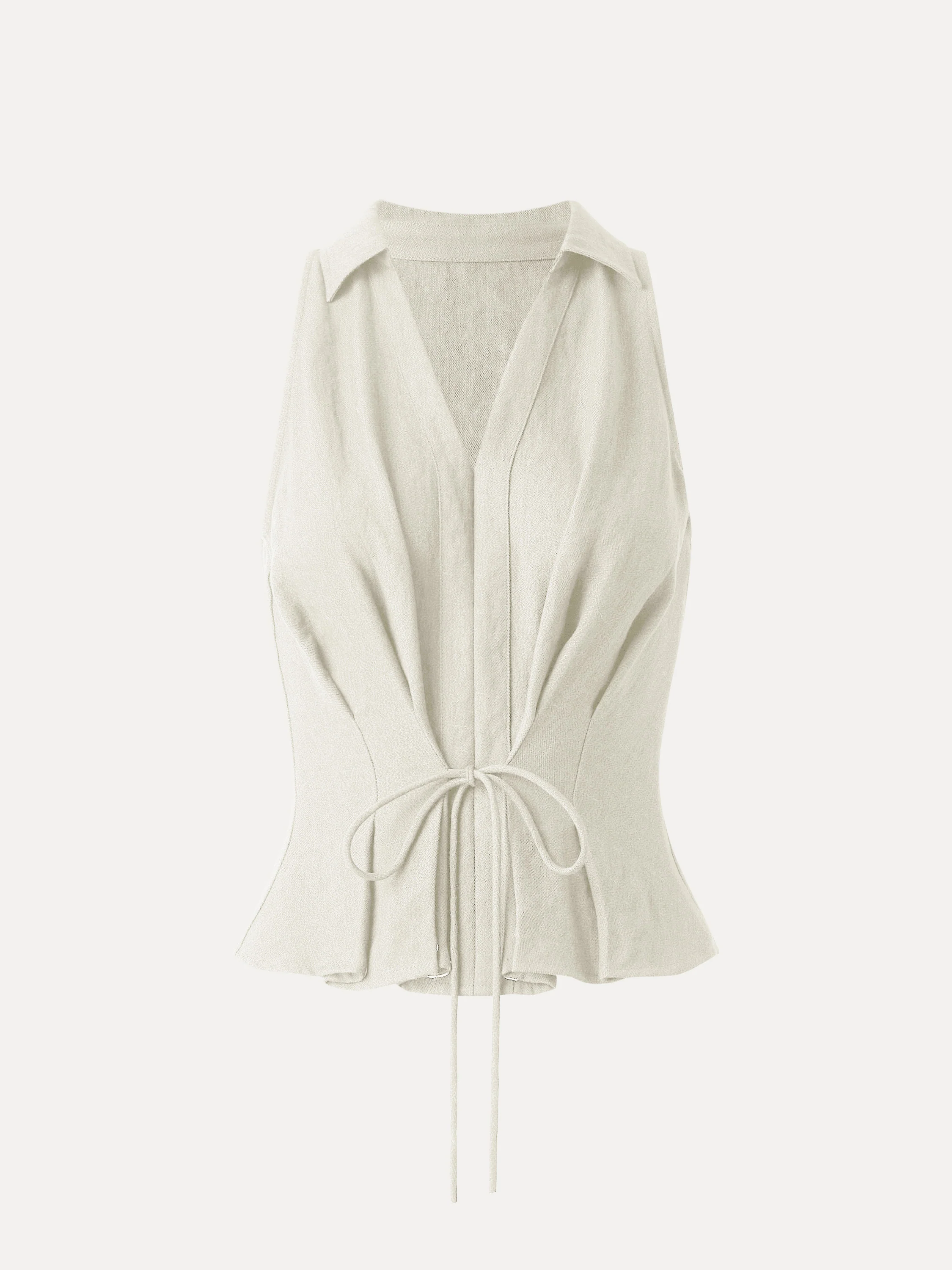 Collared V-neck Pleated Sleeveless Top with Drawstring - Image 7