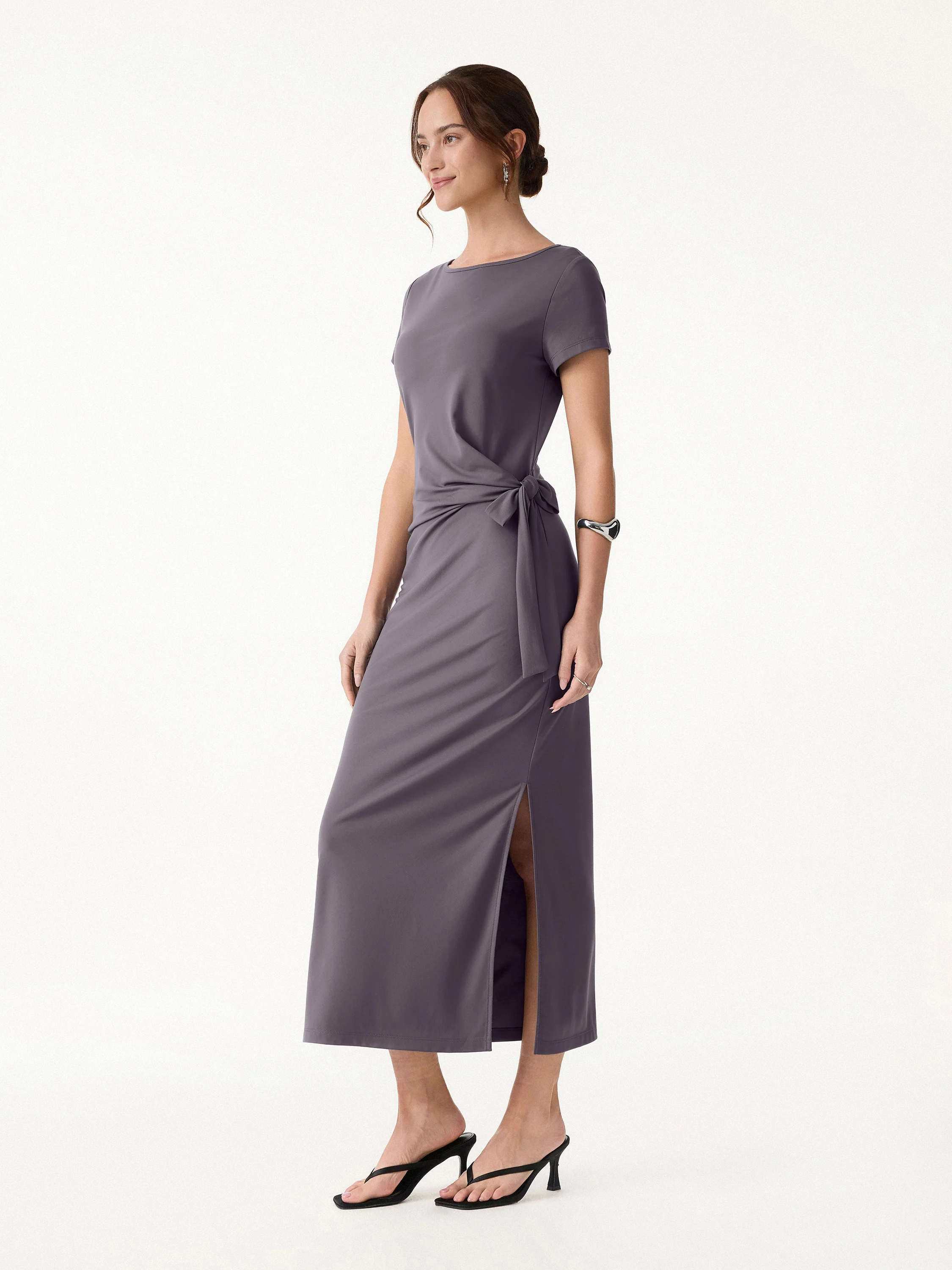 Cooling Wrinkle-Resistant Side Waist Tie Midi Dress with Slit