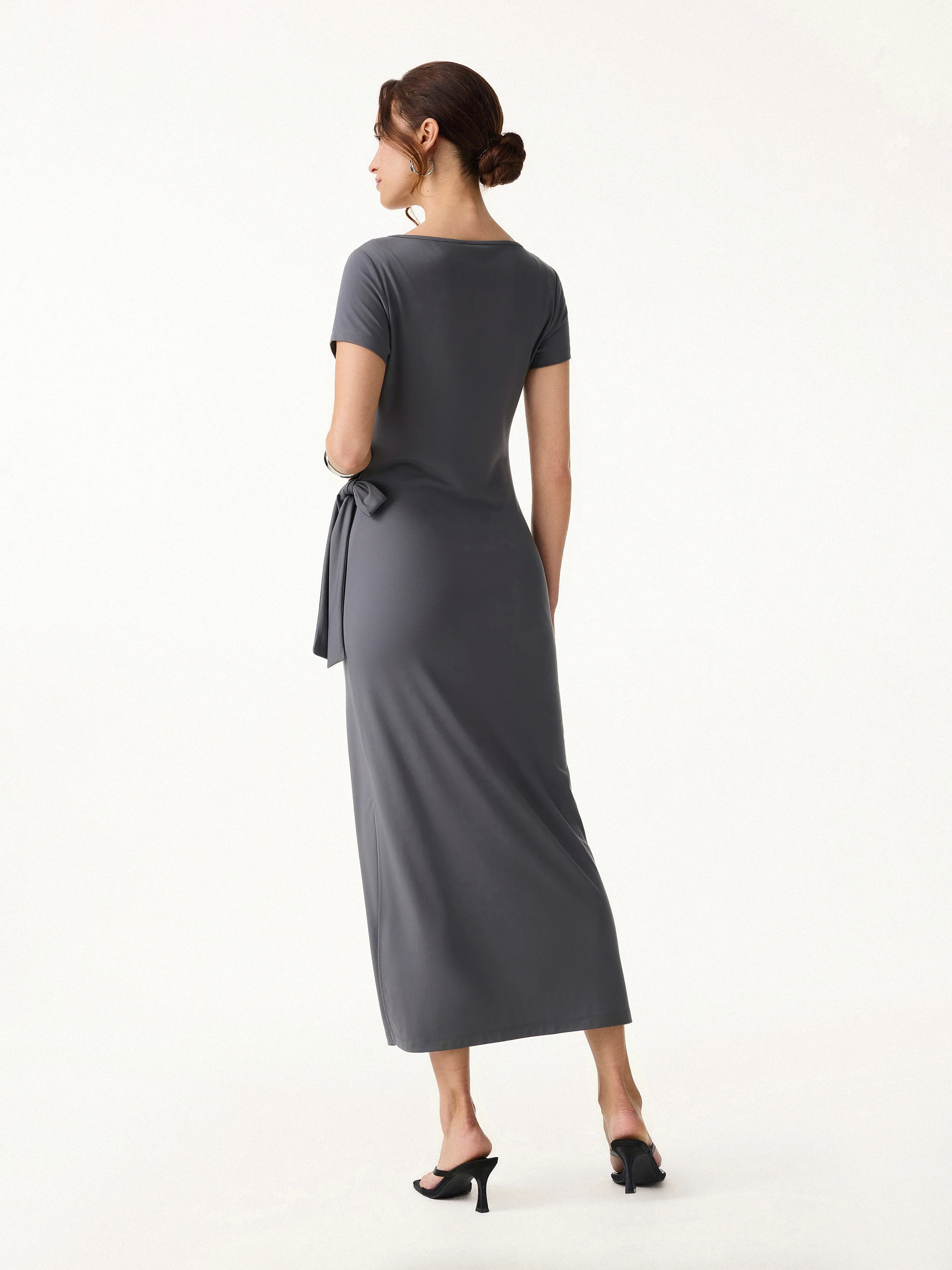 Cooling Wrinkle-Resistant Side Waist Tie Midi Dress with Slit - Image 4