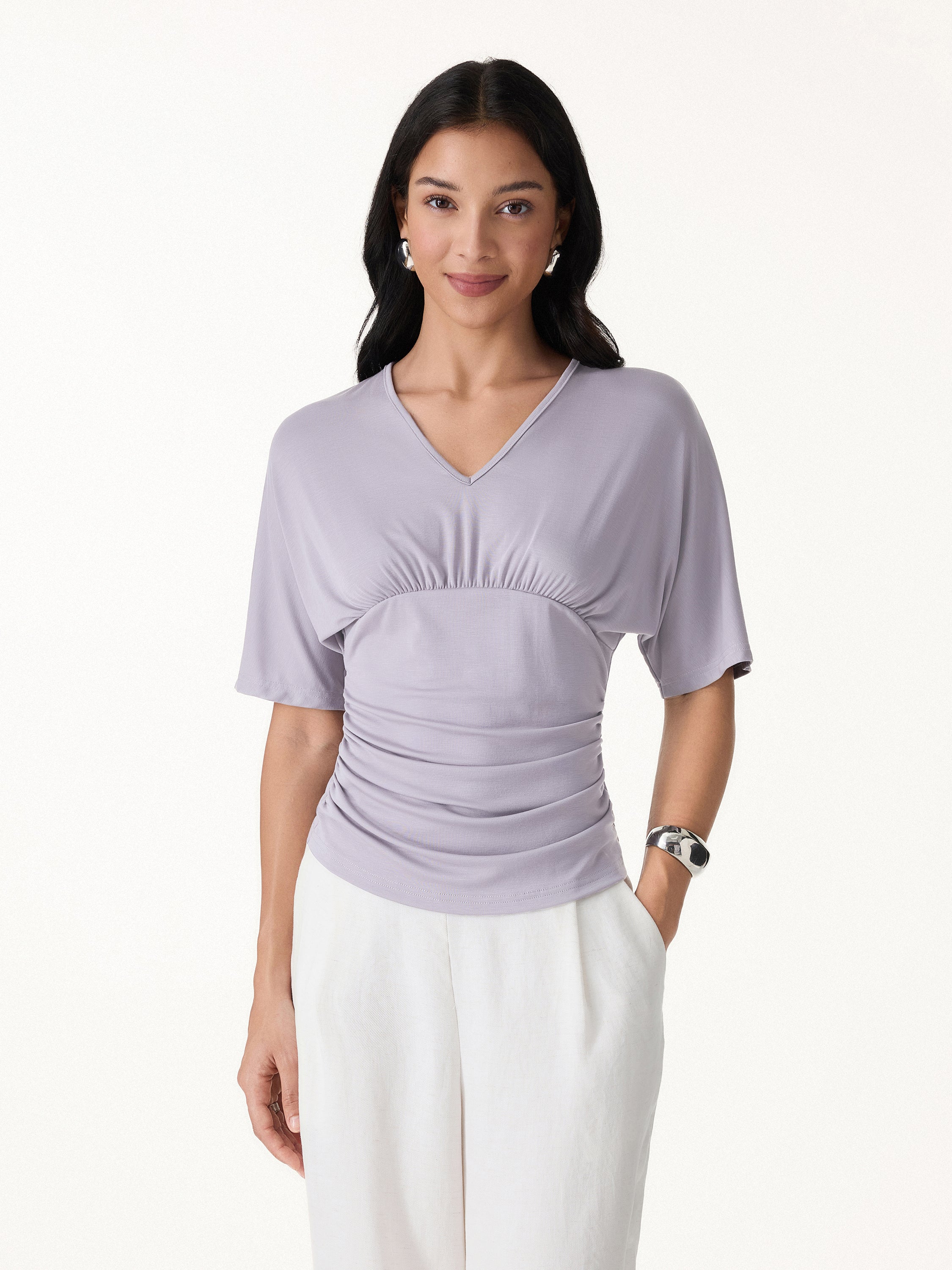 CoolTouch V-Neck Ruched Short Sleeve Summer Tee - Image 3