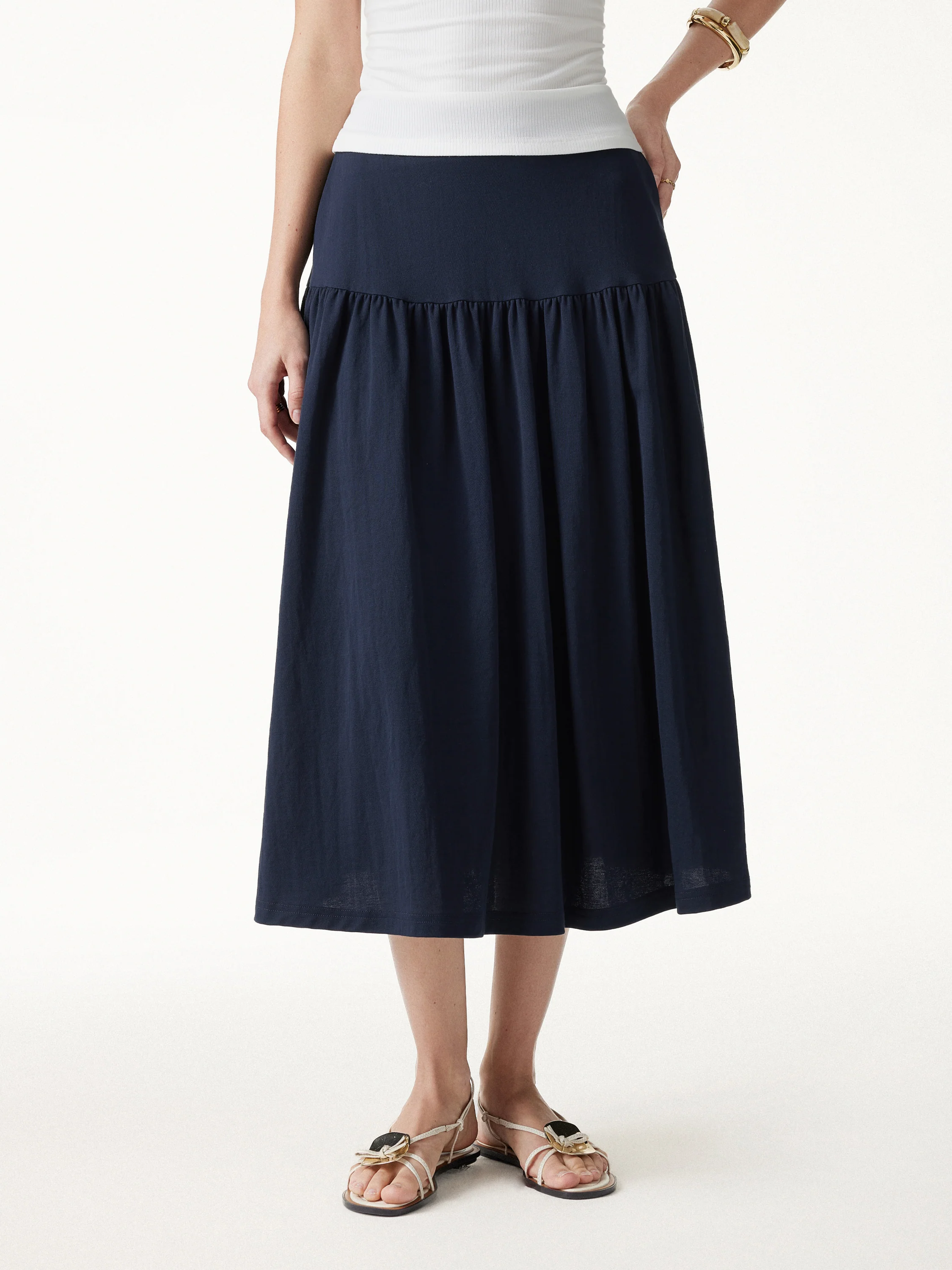 Cotton-Linen Gathered Midi Skirt with Pockets - Image 3