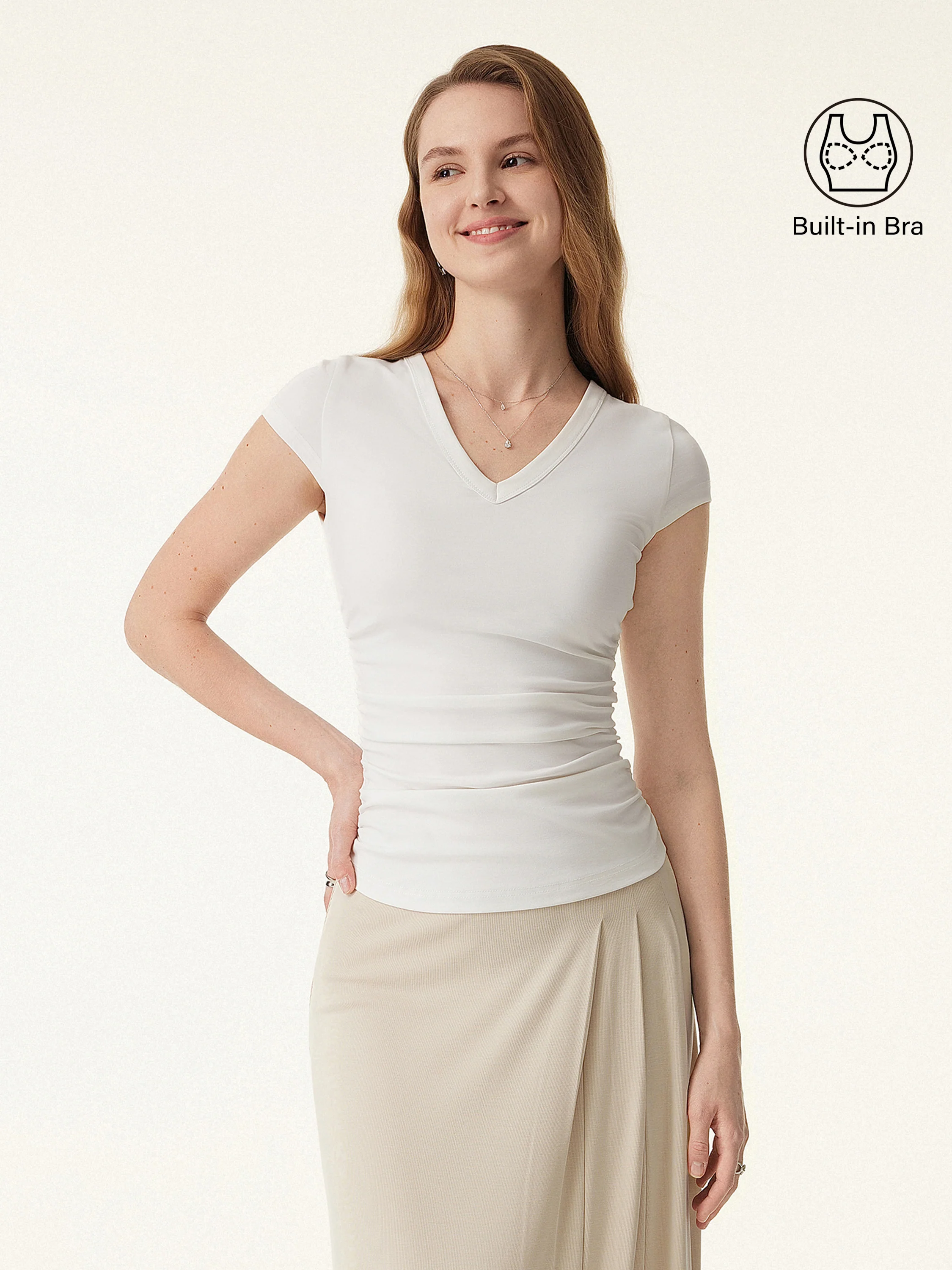 Elevated V-neck Side Ruched Cap Sleeve Bra Tee - Image 3