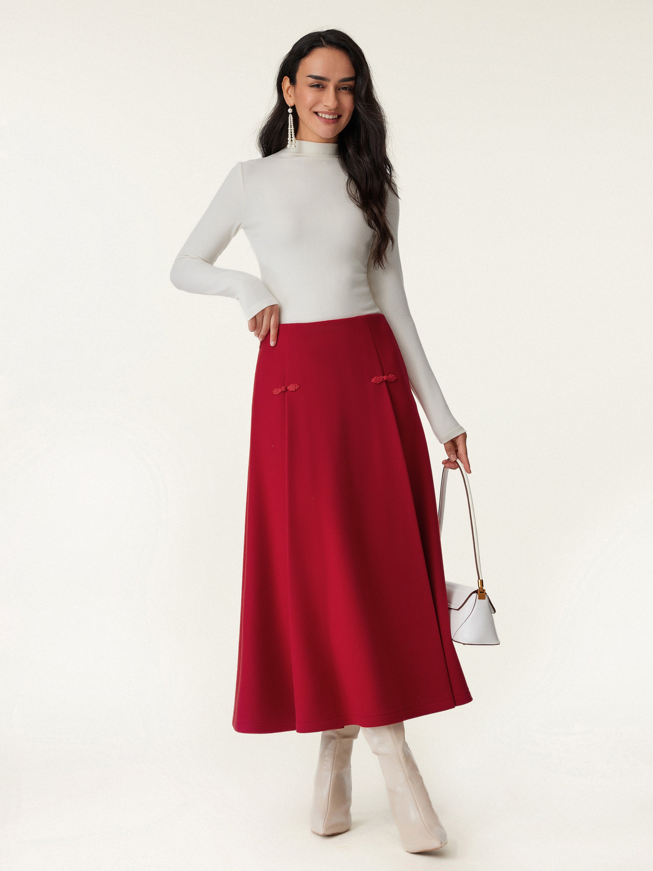 Wool-like Frog Button A-Line Midi Skirt Limited Edition - Image 2
