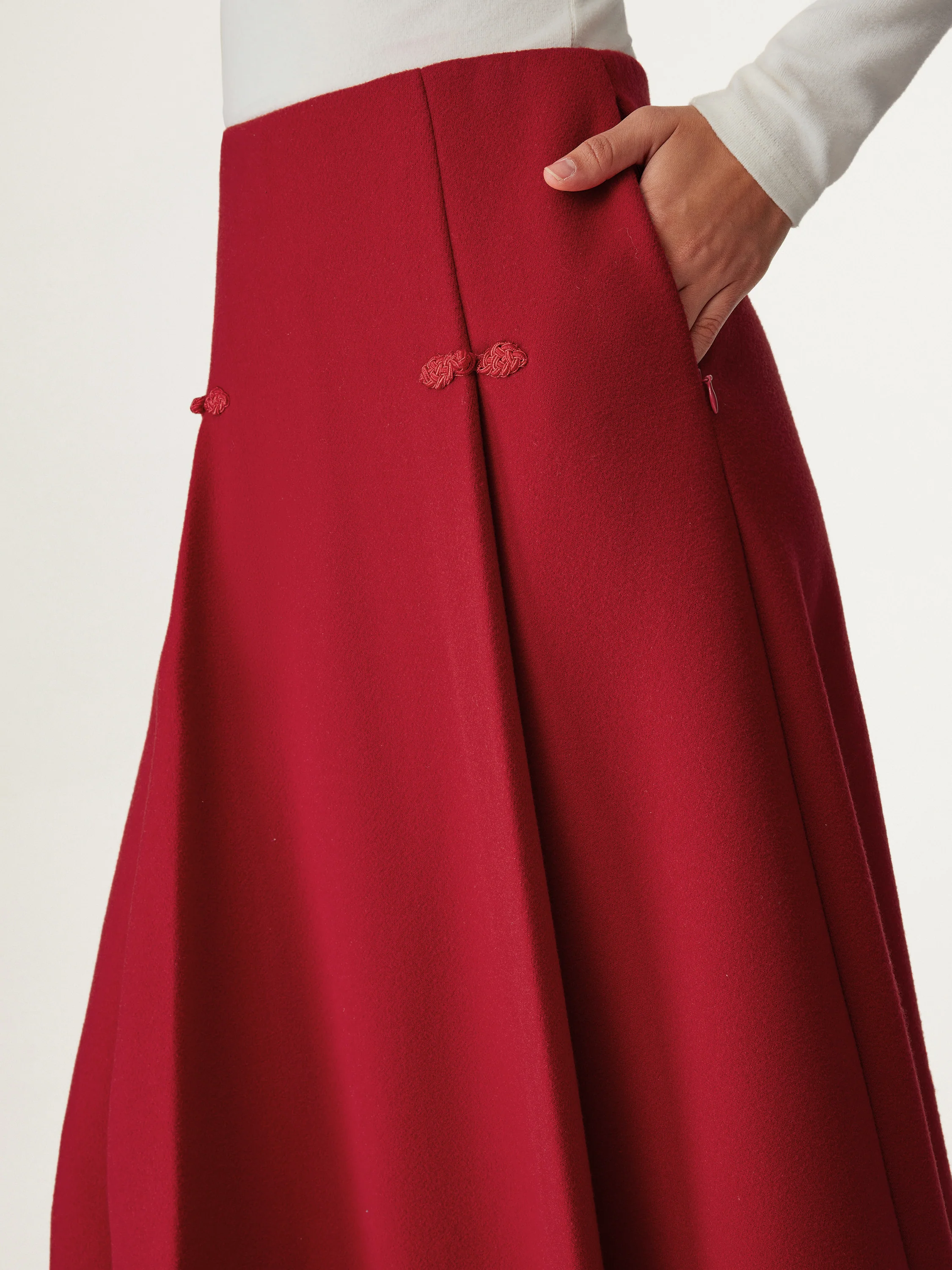 Wool-like Frog Button A-Line Midi Skirt Limited Edition - Image 5