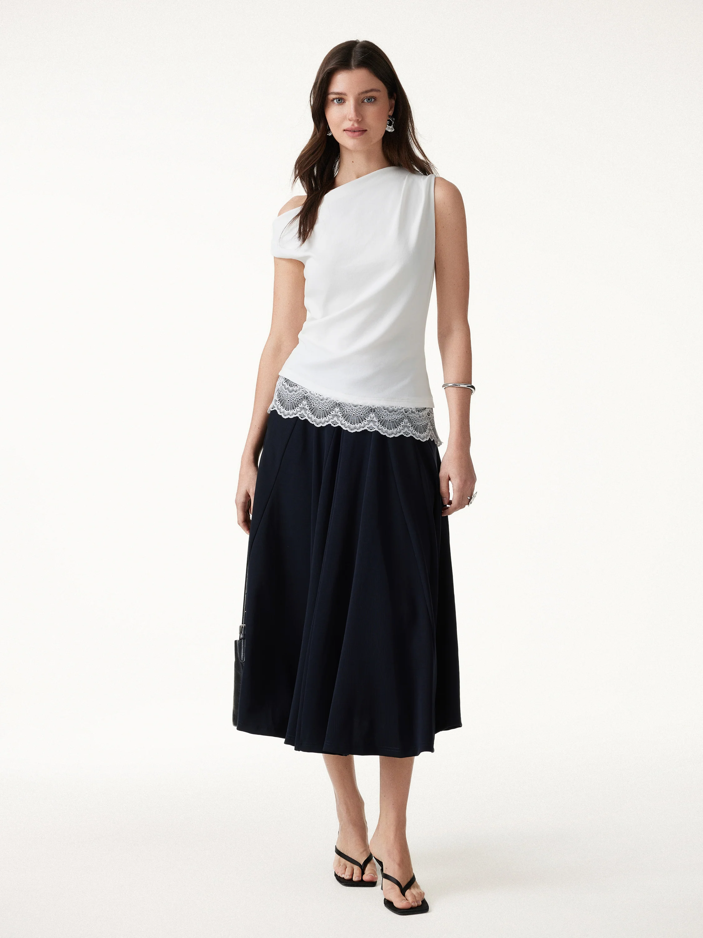 Lace Trim Cotton Lyocell Asymmetrical Shoulder Top - Image 10