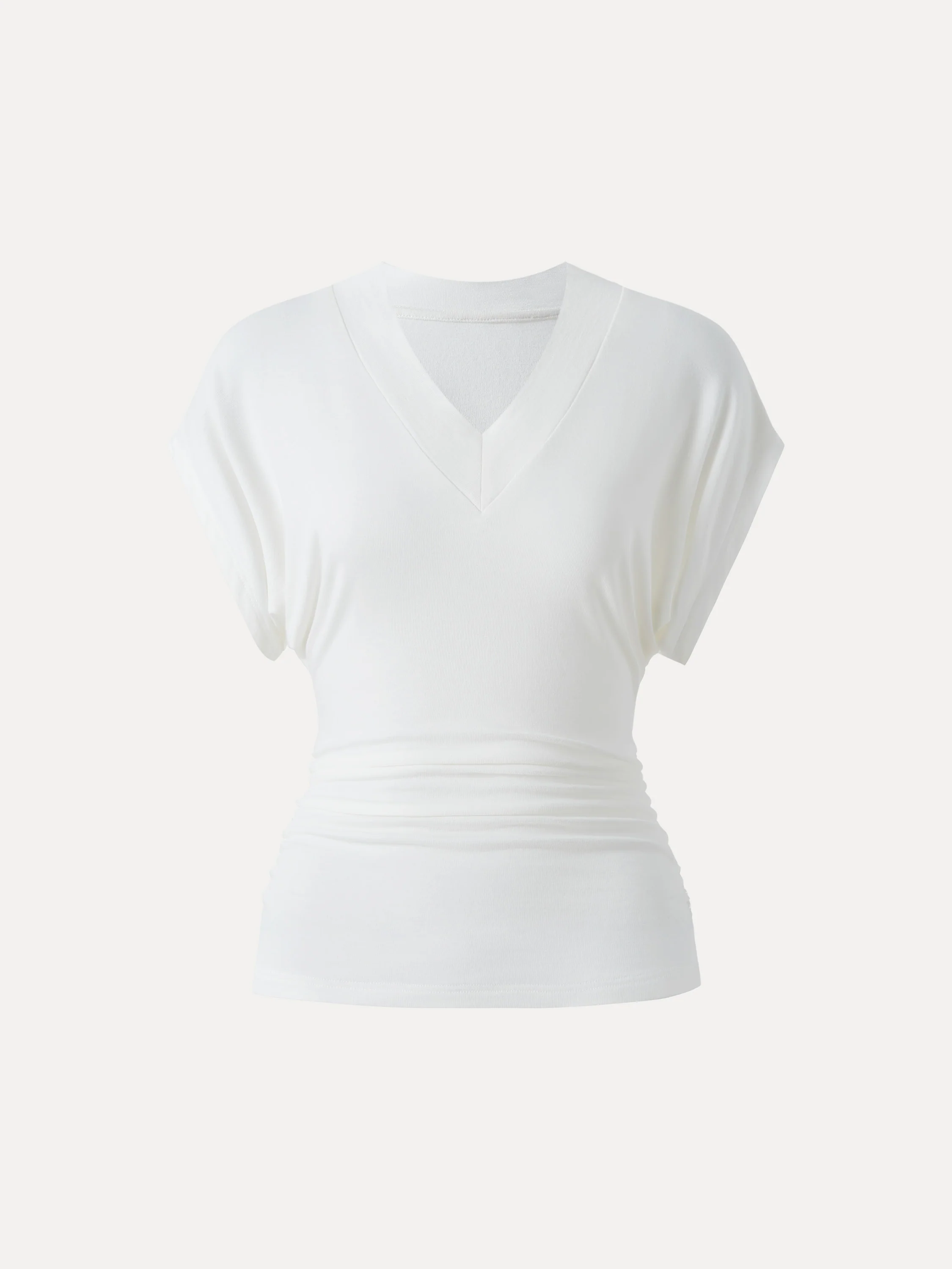 Semi-sheer Lyocell Cashmere Blend V-neck Short Sleeve Side Ruched Tee - Image 6