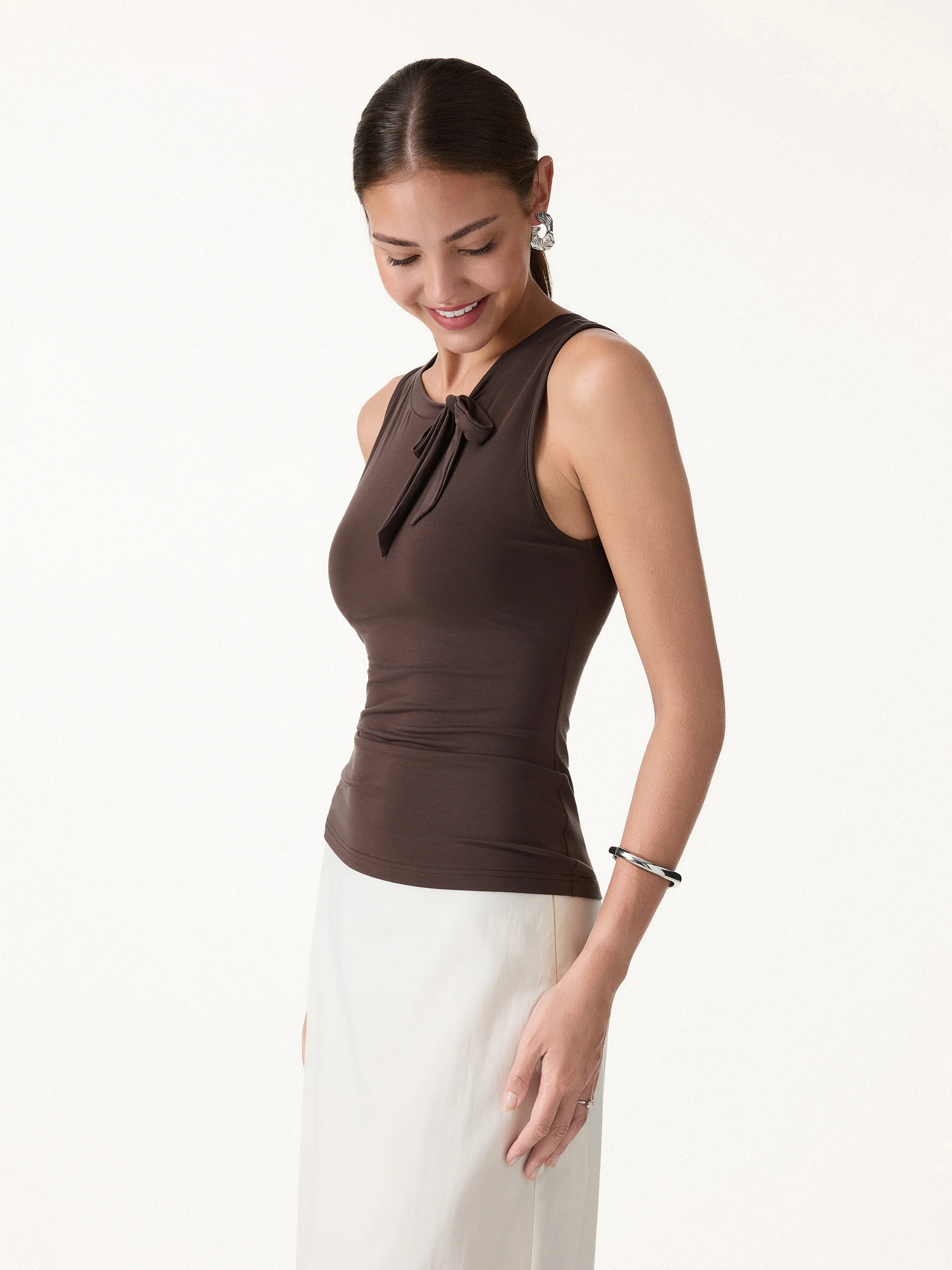 Milky Smooth Round Neck Sleeveless Top with Bow - Image 3