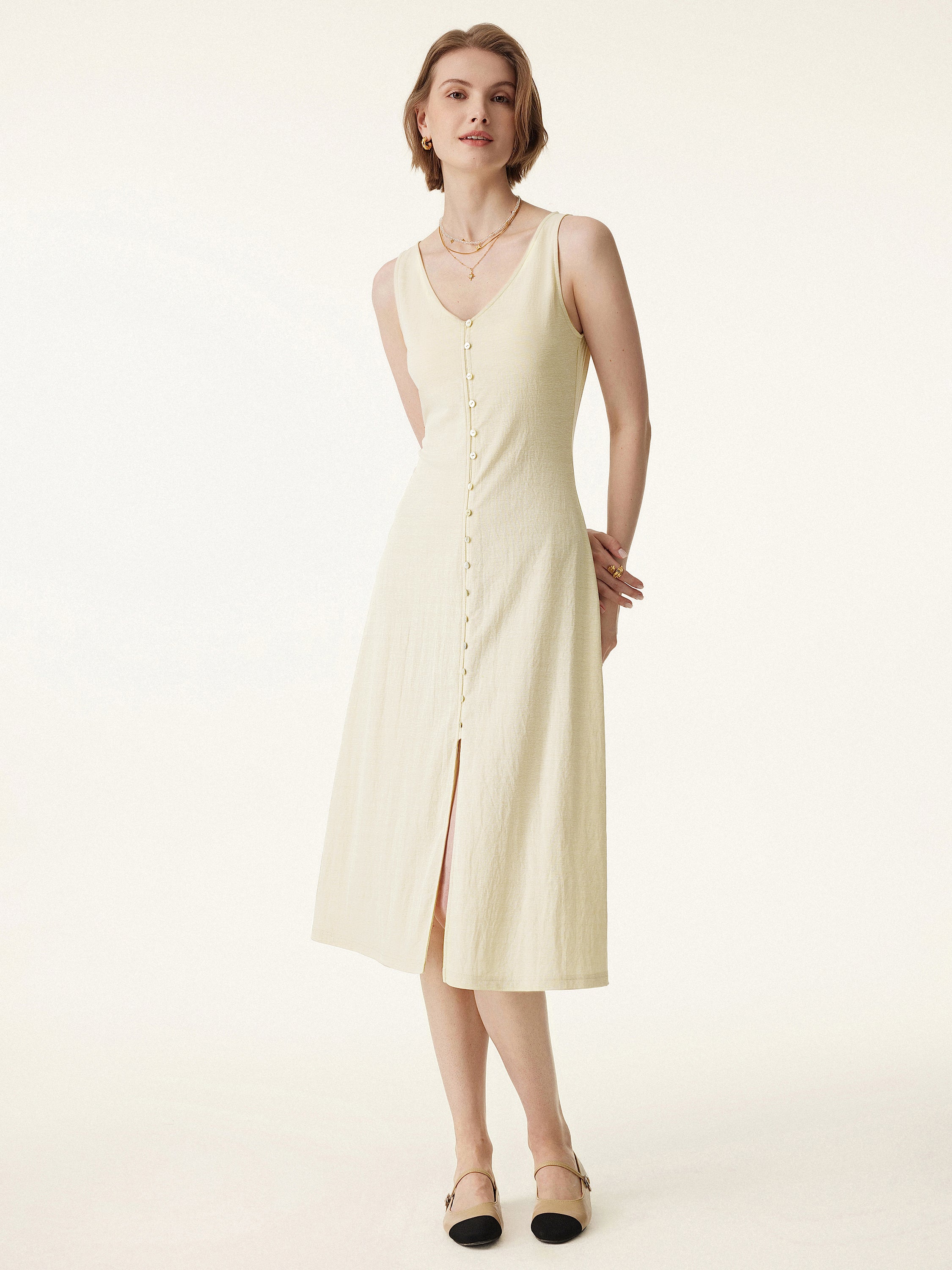 Multi-wear V-neck Button Front Midi Vest Dress - Image 2