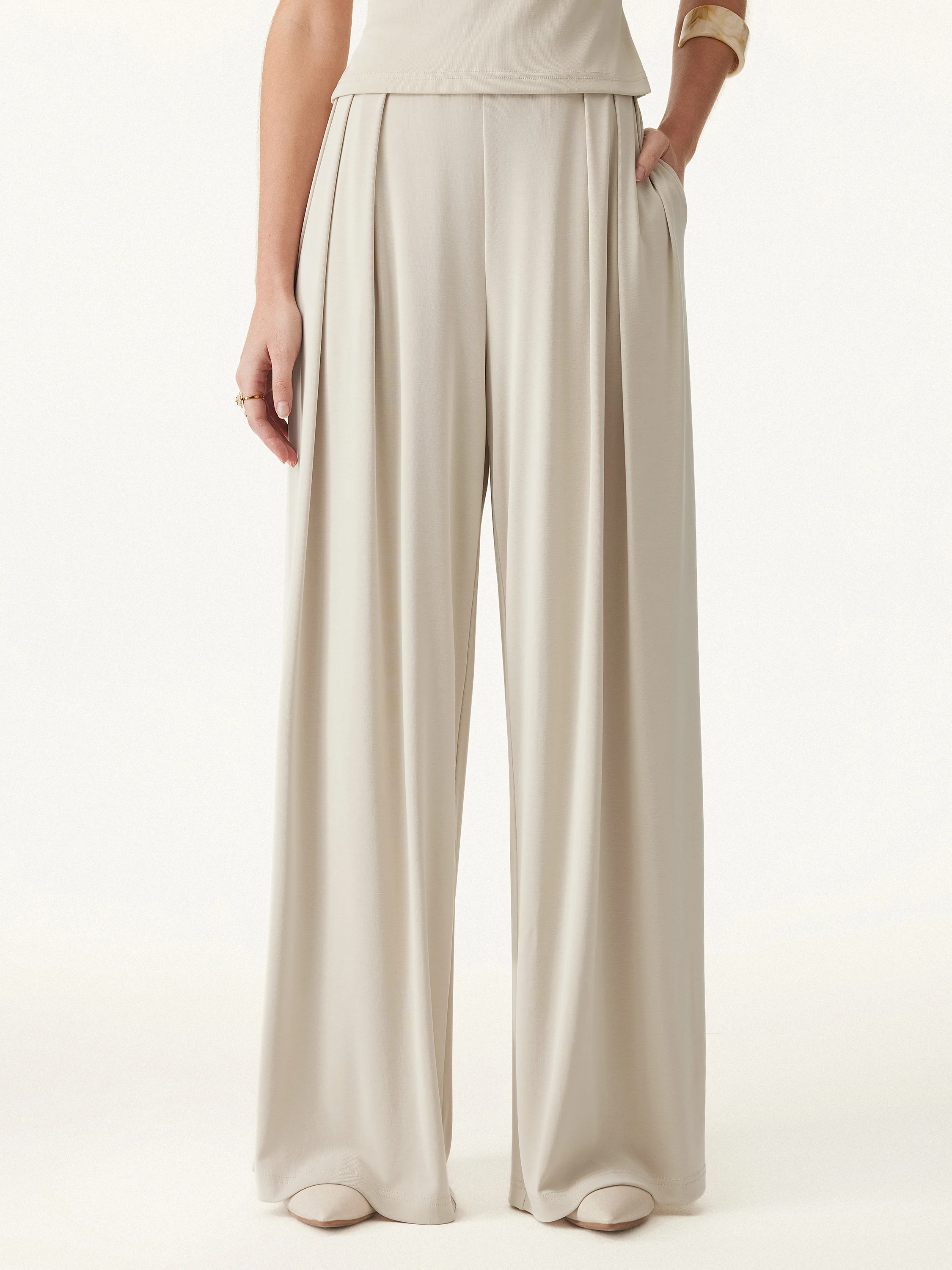 Sandwashed Mid Rise Pleated Wide Leg Palazzo Pant with Pockets